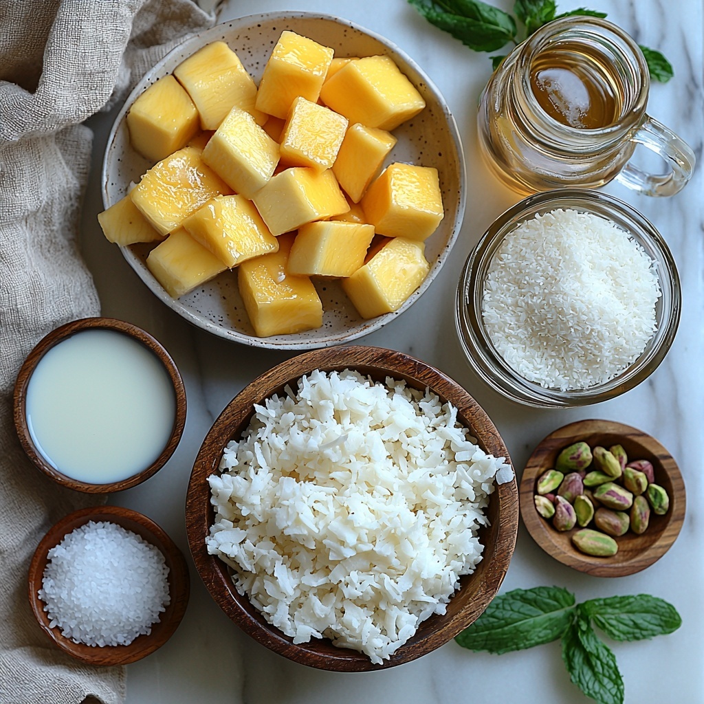 cooked white rice in a small rustic bowl with visible soft grains, a glass measuring cup filled with creamy full-fat coconut milk, a small jug of whole milk with smooth white liquid, a small white ceramic bowl holding fine white sugar, a tiny dish with fine sea salt crystals, a delicate glass bottle of vanilla extract with warm amber liquid inside, a small wooden bowl containing ground cinnamon with rich reddish-brown powder, a pinch of nutmeg powder on a tiny spoon, toasted coconut flakes scattered in a clear glass bowl showing flaky texture, vibrant chopped mango cubes in a bright yellow-orange hue in a small bowl, neatly sliced banana pieces arranged on a white plate, crushed pistachios with pale green and purple tones in a rustic bowl, and a small drizzle of maple syrup pooling gently on a white ceramic dish; all ingredients are arranged thoughtfully on a clean white marble surface with soft natural light enhancing the creamy whites, warm browns, and vibrant yellows; slight shadows add depth, minimal and elegant styling with a touch of greenery from small fresh mint leaves, a neutral linen napkin folded nearby for texture contrast overhead shot, top down view, flat lay photography, professional food styling --ar 1:1 --q 2 --s 750 --v 6.1