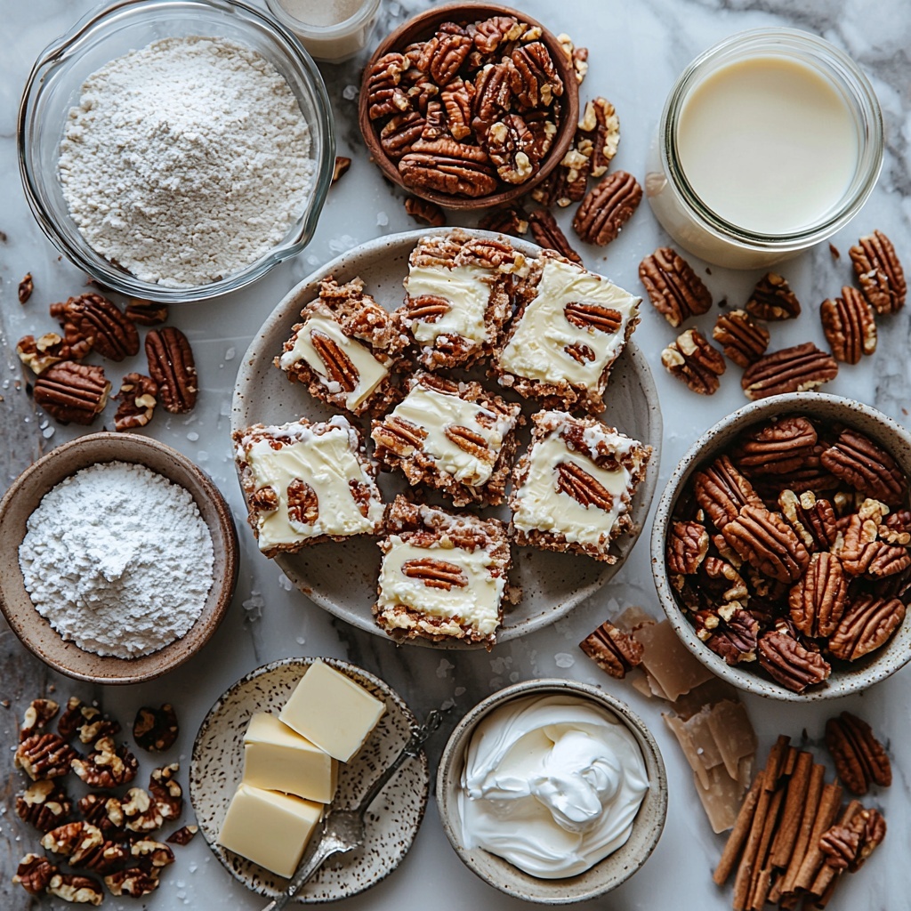 A clean, bright surface laid out with all the main ingredients for Caramel Pecan Lasagna Squares: softened unsalted butter in a small glass bowl, rich brown sugar in a rustic ceramic bowl, a small dish with fine all-purpose flour, ground cinnamon powder scattered artfully in a tiny white spoon, coarse salt crystals on a minimalist plate, chopped toasted pecans in a wooden bowl showcasing their nutty texture, creamy softened cream cheese dolloped on a smooth white dish, fine powdered sugar in a delicate measuring cup, fluffy white whipped topping in a clear bowl showing its airy texture, a small glass container of golden vanilla extract, two colorful packets of caramel instant pudding mix, a tall glass of cold milk with condensation on the outside, extra chopped pecans mixed with rich brown sugar and cinnamon on a shallow ceramic plate, and a small jar of glossy caramel dessert sauce with a drizzle artistically spilled nearby. The ingredients are arranged in balanced clusters with natural light casting soft shadows, showcasing a warm autumnal color palette with creams, browns, and caramel hues. Textures range from powdery and smooth to crunchy and glossy, with minimal props to keep focus on the food. Overhead shot, top down view, flat lay photography, professional food styling --ar 1:1 --q 2 --s 750 --v 6.1