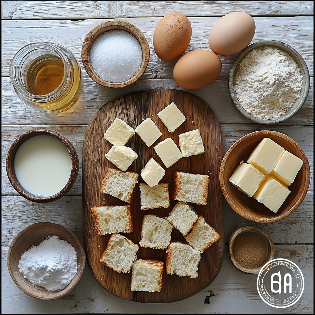 6 cups cubed stale bread, rustic brioche and challah pieces with golden crusts and soft interiors, arranged loosely in the center; nearby, a small bowl of creamy whole milk with a smooth surface; a clear glass jar filled halfway with granulated white sugar; a neat pat of pale yellow unsalted butter on a wooden board; a small ceramic dish with warm brown ground cinnamon powder; a tiny dish of fine white salt crystals; three large brown eggs with smooth shells placed in a natural cluster; a glass bottle of rich amber vanilla extract standing upright; a small bowl of heavy cream with a silky texture next to another bowl holding light brown packed sugar showing deep caramel hues; a little dish containing white cornstarch powder with a soft, powdery texture; a clean white surface background with soft natural lighting casting gentle shadows, minimal props for a fresh and inviting farmhouse kitchen vibe, balanced composition emphasizing colors and textures of each ingredient, overhead shot, top down view, flat lay photography, professional food styling --ar 1:1 --q 2 --s 750 --v 6.1