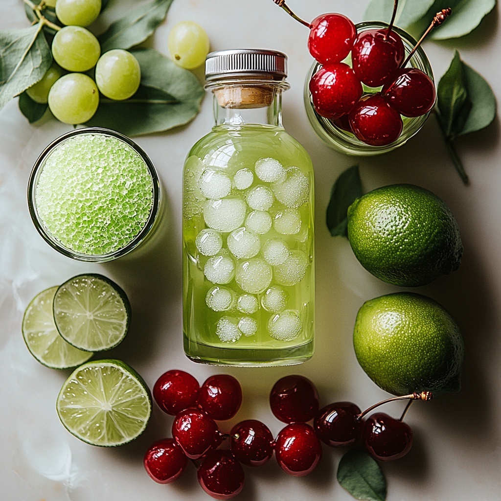 Midjourney prompt:
A beautifully styled flat lay of the main ingredients for a Grinch Cocktail arranged neatly on a clean white surface. Include a small bottle of bright green Midori melon liqueur with a glowing translucent appearance, a clear glass bottle of white rum showcasing the liquid inside, a can or bottle of lemon-lime soda with condensation droplets to suggest freshness, a small clear bowl filled with vibrant green sanding sugar sparkling in the light, a single glossy red maraschino cherry resting on a white dish, and fresh lime wedges with textured skin and juicy interiors. Add a short clear rocks glass partially filled with ice cubes, capturing the shine and transparency of the ice. The layout is balanced with contrasting colors: vibrant green, bright red, crisp white, and sparkling clear glass. Soft natural lighting enhances textures and glossiness, subtle shadows add depth, and the composition feels fresh, inviting, and festive. Overhead shot, top down view, flat lay photography, professional food styling --ar 1:1 --q 2 --s 750 --v 6.1