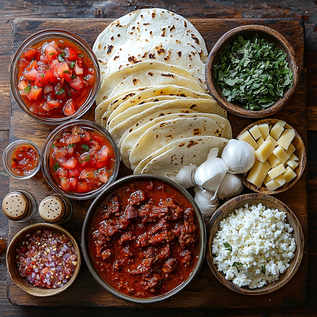 4 dried guajillo peppers with deep reddish-brown color, 4 dried ancho chiles dark mahogany and slightly wrinkled, 4 smoky chipotle peppers in adobo rich dark red in a small bowl, 1 chopped white onion with crisp texture, 4 whole garlic cloves off-white and smooth, 1/2 cup crushed vibrant red tomatoes in a small rustic bowl, 1/2 cup organic beef stock light brown liquid in a glass measuring cup, 1 Tbsp golden apple cider vinegar in a tiny glass container, 2 aromatic bay leaves dark green matte, 2 Tbsps dried Mexican oregano fine and crumbly greenish, 1 tsp dried thyme tiny earthy green sprigs, 1/2 tsp ground cumin warm light brown powder, 1/2 tsp ground cinnamon reddish-brown powder, 1/2 tsp smoked paprika vibrant rusty red powder, 1/2 tsp ground allspice dark brown powder, 3 lbs raw organic chuck roast beef chunks deep red with white marbling on a wooden cutting board, 1 Tbsp extra virgin olive oil golden green liquid in a small pourer, 1 tsp coarse sea salt white crystals scattered lightly, 1 tsp black pepper coarse dark granules, 1 tsp garlic powder fine off-white powder, 1/2 diced onion small white cubes on a ceramic plate, 4 cups organic beef stock rich brown in a large clear bowl, 2 cups water clear in a glass jar, 12 stacked golden organic corn tortillas wrapped in a clean white cloth, shredded Oaxaca cheese snowy white with soft curls in a small bowl, 1 cup chopped fresh cilantro bright green and leafy on a wooden dish, colorful pico de gallo with diced red tomatoes, green jalapeños, white onions, and fresh cilantro in a vibrant bowl -- all ingredients meticulously arranged with natural light on a clean white surface, emphasizing contrasting colors and textures, styled with rustic wooden boards, minimal props for a fresh and authentic feel, overhead shot, top down view, flat lay photography, professional food styling --ar 1:1 --q 2 --s 750 --v 6.1
