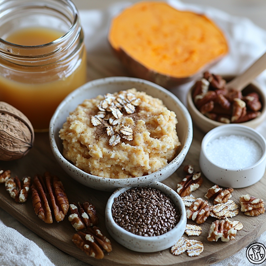 old fashioned rolled oats in a small white bowl, teaspoon of baking powder in a small ceramic dish, ground pumpkin pie spice and cinnamon scattered lightly on a rustic wooden board, sea salt crystals in a glass jar, unsweetened almond milk in a clear glass pitcher, smooth mashed sweet potato in a pastel ceramic bowl, amber pure maple syrup in a small glass jar with a wooden dipper, ground flaxseed in a small bowl, melted coconut oil in a white ramekin, a vanilla bean pod next to a teaspoon of vanilla extract bottle, light brown coconut sugar in a small bowl, chopped pecans and walnuts arranged neatly on a white plate, an extra sprinkle of rolled oats and pecans artfully placed around for texture, all arranged on a clean, light-colored linen surface with soft natural lighting that highlights warm autumn tones and rich textures, subtle shadows adding depth, minimalistic and cozy styling with a touch of rustic charm, overhead shot, top down view, flat lay photography, professional food styling --ar 1:1 --q 2 --s 750 --v 6.1