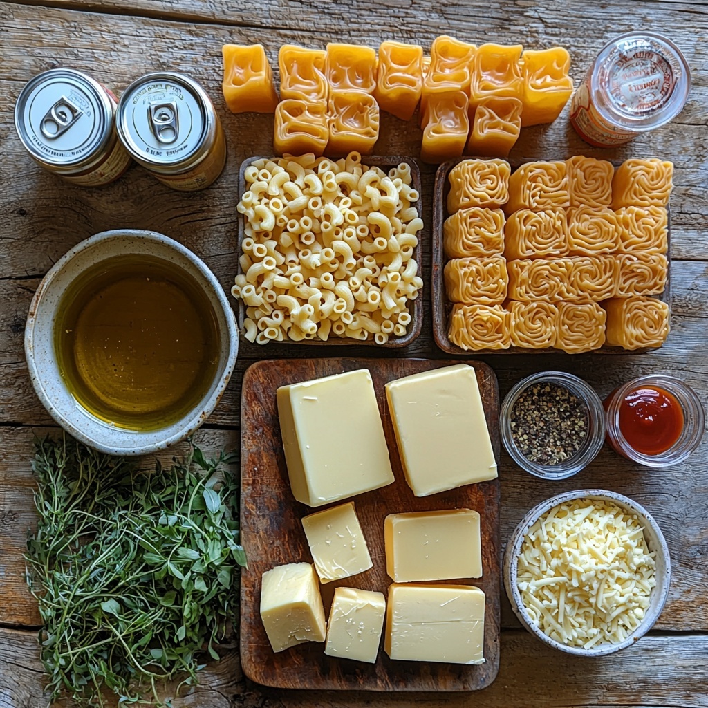 16 oz box dried elbow macaroni pasta in a small rustic bowl, 3 Tbsp olive oil in a clear glass measuring cup with golden liquid glistening, 3 Tbsp unsalted butter cut into small neat cubes on a white ceramic plate, two 12 oz cans of evaporated milk with vintage label cans placed upright nearby, 2 cups whole milk in a clean glass jug showing creamy white color, small ceramic spoons holding 1 1/2 tsp kosher salt, 1/2 tsp dried mustard powder in pale yellow fine powder, 1/4 tsp smoked paprika with vibrant reddish-orange hue, 1/4 tsp black pepper with fine dark specks, a small bottle or vial of hot sauce with deep red liquid and a few dashes shown on a white dish, 4 cups shredded sharp cheddar cheese with bright orange color in a loose pile, 16 oz block Velveeta cheese cut into even cubes showcasing smooth pale yellow texture, all ingredients arranged neatly and symmetrically on a rustic light wooden surface, soft natural lighting enhancing textures and colors, minimal shadows, styled with a few sprigs of fresh green herbs for contrast and warmth, clean background, inviting and warm professional food styling, overhead shot, top down view, flat lay photography, professional food styling --ar 1:1 --q 2 --s 750 --v 6.1