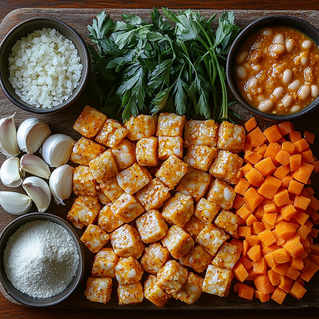 A clean wooden surface with all main ingredients for sausage and bean soup artfully arranged: a small bowl of golden olive oil shimmering under soft light; a heap of diced yellow onion pieces showing translucent layers; bright orange diced carrots and fresh celery ribs cut into small chunks, their vivid green and orange colors contrasting; two peeled garlic cloves next to a small dish containing thick, rich red tomato paste; tiny wooden spoons holding earthy brown Italian seasoning, ground cumin, smoked paprika, and fresh ground black pepper powders arranged neatly in a line; two rustic cans of creamy white cannellini beans spilled partly onto the surface with a few beans scattered naturally; slices of fully cooked chicken sausage with browned edges fanned out slightly; a fresh glossy green bay leaf placed delicately; a glass measuring cup filled with creamy white 2% milk; a small bowl with fine white cornstarch powder; a small pile of coarse salt crystals on a dark ceramic dish; and a small bowl of grated Parmesan with visible texture. The ingredients are spaced evenly to create balance and harmony, capturing diverse textures and warm, earthy hues with natural diffused daylight from one side, soft shadows, minimal props, and a neutral background to highlight colors and details. Overhead shot, top down view, flat lay photography, professional food styling --ar 1:1 --q 2 --s 750 --v 6.1