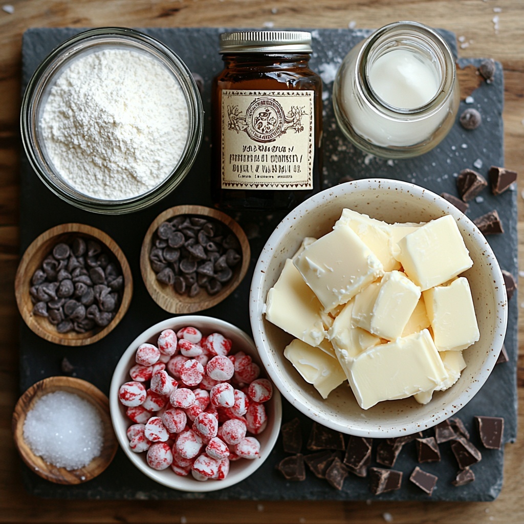powdered sugar in a white ceramic bowl, softened unsalted butter on a small wooden board, glass bowl with creamy heavy cream, small glass jar of peppermint extract with a vintage label, tiny dish holding a pinch of salt, vanilla extract bottle with minimalistic design, a heap of semi-sweet dark chocolate chips on a rustic linen cloth, clear glass bowl containing glossy coconut oil, crushed red and white peppermint candies scattered delicately, flaky sea salt flakes sprinkled subtly on dark slate, all ingredients thoughtfully spaced and arranged on a clean light wood surface with natural soft daylight casting gentle shadows, emphasis on contrasting colors and textures – powdery, creamy, glossy, crystalline – styled with minimal props like a wooden spoon and parchment paper pieces to enhance artisanal feel, overhead shot, top down view, flat lay photography, professional food styling --ar 1:1 --q 2 --s 750 --v 6.1