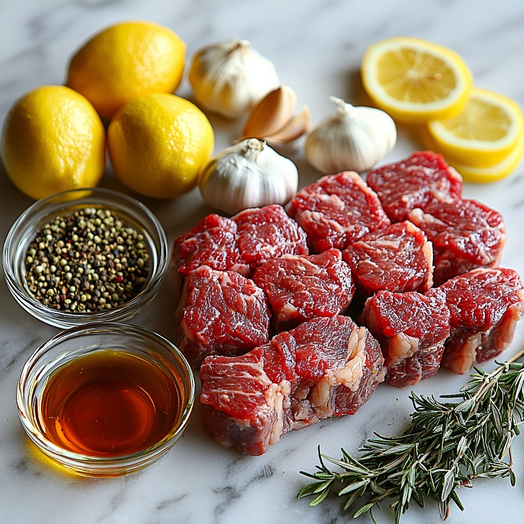 Half cup extra-virgin olive oil in a small glass bowl, three peeled garlic cloves minced scattered nearby, one finely diced shallot in a neat pile, a small dish with deep red wine vinegar, a spoonful of smooth yellow Dijon mustard, fresh green rosemary sprigs chopped and a bunch of fresh thyme leaves loosely gathered, bright yellow lemon zest curls, coarse kosher salt crystals and black peppercorns sprinkled artistically, raw frenched rack of lamb chops with trimmed fat arranged in a fan shape showcasing rich red meat and pristine white bones, a small dish of golden canola oil. All ingredients placed neatly on a clean white marble surface, natural soft diffuse light highlighting textures—the glossy oil, the rough herb leaves, the coarse salt and pepper, and the tender lamb meat. Sprigs of rosemary and thyme gently scattered for balance, minimal shadows, colors vibrant and fresh. Overhead shot, top down view, flat lay photography, professional food styling --ar 1:1 --q 2 --s 750 --v 6.1