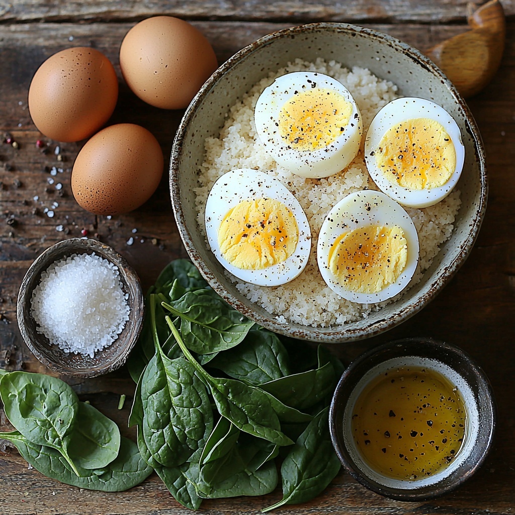 half cup fine semolina in a small ceramic bowl, two cups clear water in a glass measuring cup, a tarnished brass spoon filled with golden melted ghee, one cup fresh chopped vibrant green spinach loosely stacked with bright leafy textures, a halved soft-boiled egg showing creamy yellow yolks and glossy whites placed on a rustic wooden surface, a small white dish with coarse pink salt crystals, a tiny black bowl containing freshly cracked black pepper, a single peeled garlic clove finely minced on a small vintage plate, all ingredients neatly spaced and arranged on a clean matte white surface with soft natural light casting gentle shadows, subtle hints of warmth and earth tones, minimalistic and inviting composition, emphasizing fresh textures and rich colors, overhead shot, top down view, flat lay photography, professional food styling --ar 1:1 --q 2 --s 750 --v 6.1