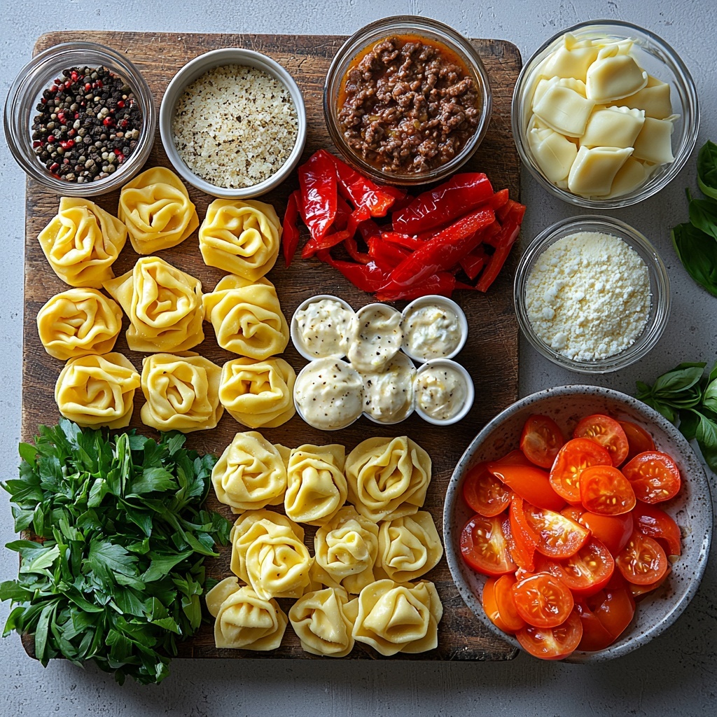/Imagine a clean white surface with an artfully arranged flat lay of the main ingredients for Crock Pot Cheesesteak Tortellini: a raw 1 lb of ground beef with a rich, deep red texture placed on a small wooden board; a 20 oz package of refrigerated cheese tortellini showing smooth, plump, semi-circular pasta pieces with creamy yellow cheese filling visible; a medium yellow onion thinly sliced into translucent rings with delicate layers; three bell peppers—red, green, and yellow—sliced into thick, vibrant strips showcasing their glossy, crisp skins; a small clear bowl filled with shredded provolone and mozzarella cheese, showing fluffy, pale strands; an opened can of cream of mushroom soup with creamy white sauce and visible mushroom bits in a rustic ceramic bowl; a glass measuring cup with rich, dark beef broth; small white ramekins containing measured garlic powder, onion powder, salt, and black pepper, each powder showcasing fine, matte textures; optional red pepper flakes in a small bowl with bright red, crushed flakes; fresh green parsley sprigs scattered tastefully for garnish. The ingredients are spaced evenly with mindful negative space, natural soft lighting enhancing vibrant colors and textures, subtle shadows adding depth, and minimal props emphasizing freshness and simplicity. Overhead shot, top down view, flat lay photography, professional food styling --ar 1:1 --q 2 --s 750 --v 6.1