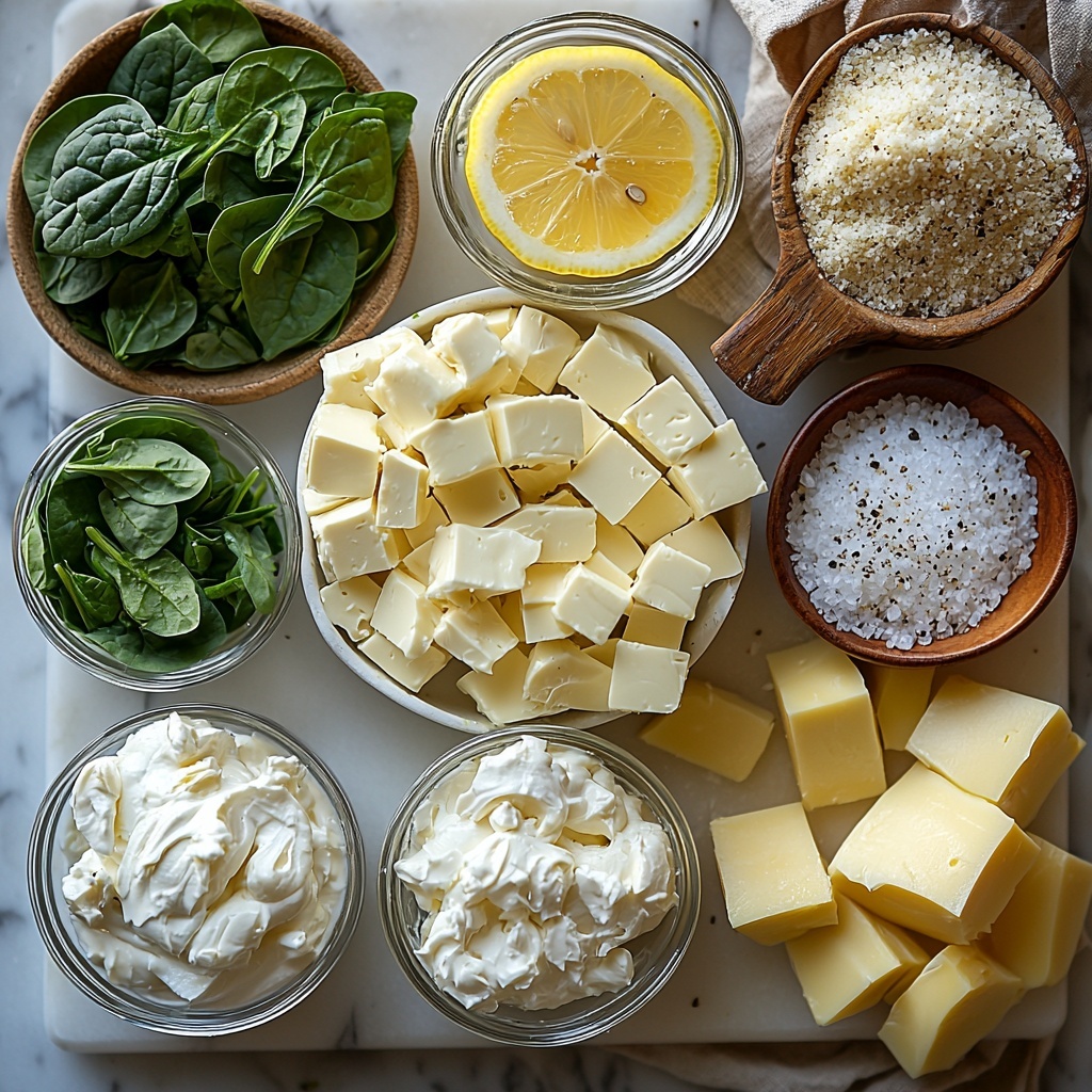 A clean white marble surface with all the main ingredients neatly arranged for a flat lay photography shoot: a small bowl of finely chopped, deep green spinach next to a smooth block of creamy white Philadelphia cream cheese; a glass ramekin filled with thick, pale sour cream; a small bowl of pale yellow artichoke hearts chopped into bite-sized pieces; a tiny dish with finely diced, slightly translucent water chestnuts; a lemon wedge with bright yellow flesh; small glass bowls holding light golden Worcestershire sauce and Dijon mustard; scattered piles of fine white salt, off-white garlic powder, beige onion powder, and cracked black pepper; all ingredients spaced evenly with natural, soft daylight highlighting the rich textures and fresh colors, styled with minimal rustic props like a wooden spoon and linen napkin for warmth, overhead shot, top down view, flat lay photography, professional food styling --ar 1:1 --q 2 --s 750 --v 6.1
