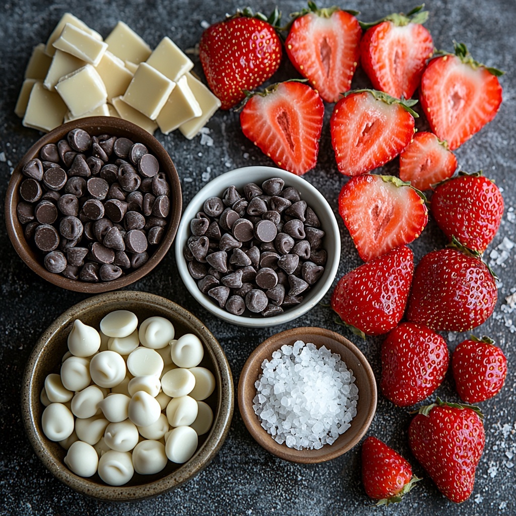A clean, bright surface with bowls and small piles of 2 cups glossy semi-sweet chocolate chips, rich and dark brown, smooth and shiny; next to fresh, vibrant red strawberries, hulled and sliced neatly to showcase their juicy texture and seeds; a small white bowl containing creamy white chocolate chips for drizzling, soft white and slightly matte; scattered delicate grains of sea salt crystals for garnish, sparkling subtly; ingredients arranged artfully with some strawberries sliced fanned out, chocolate chips in small rustic ceramic bowls, a light natural wooden spoon nearby for texture contrast, soft natural light creating gentle shadows, colors vibrant and fresh, textures glossy and fresh, minimal props for a clean, modern look, overhead shot, top down view, flat lay photography, professional food styling --ar 1:1 --q 2 --s 750 --v 6.1