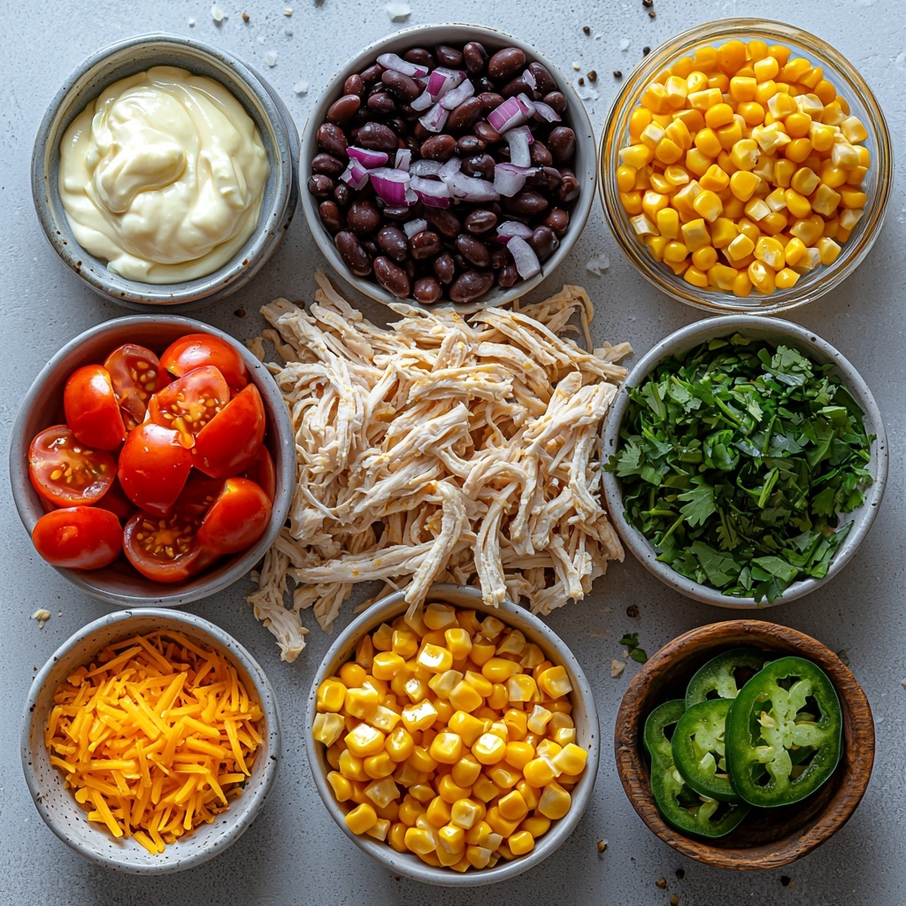 Flat lay of ingredients for High Protein Southwest Chicken Salad arranged neatly on a clean white surface: shredded cooked chicken breast piled loosely in a small bowl showcasing tender white and light brown tones; a small white bowl filled with glossy black beans, rinsed and drained; drained golden yellow corn kernels in a clear glass bowl; vibrant chopped red tomatoes scattered in a small bowl displaying rich reds and juicy textures; a mound of shredded sharp cheddar cheese with bright orange hues; finely chopped deep purple-red half red onion in a small wooden dish; a small heap of finely chopped bright green jalapeno with visible seeds; fresh bright green chopped cilantro leaves loosely spread; creamy off-white mayo or Greek yogurt in a tiny bowl with a smooth texture; a small glass bowl holding pale yellow fresh lime juice; two small spoons of rich brown taco seasoning and golden honey side by side with granular and viscous textures; salt and pepper sprinkled lightly on the surface for an artisanal touch. Ingredients spaced evenly with symmetrical balance, natural daylight highlighting vibrant colors and fresh textures, subtle shadows enhancing depth, minimalistic rustic styling, clean modern aesthetic. Overhead shot, top down view, flat lay photography, professional food styling --ar 1:1 --q 2 --s 750 --v 6.1