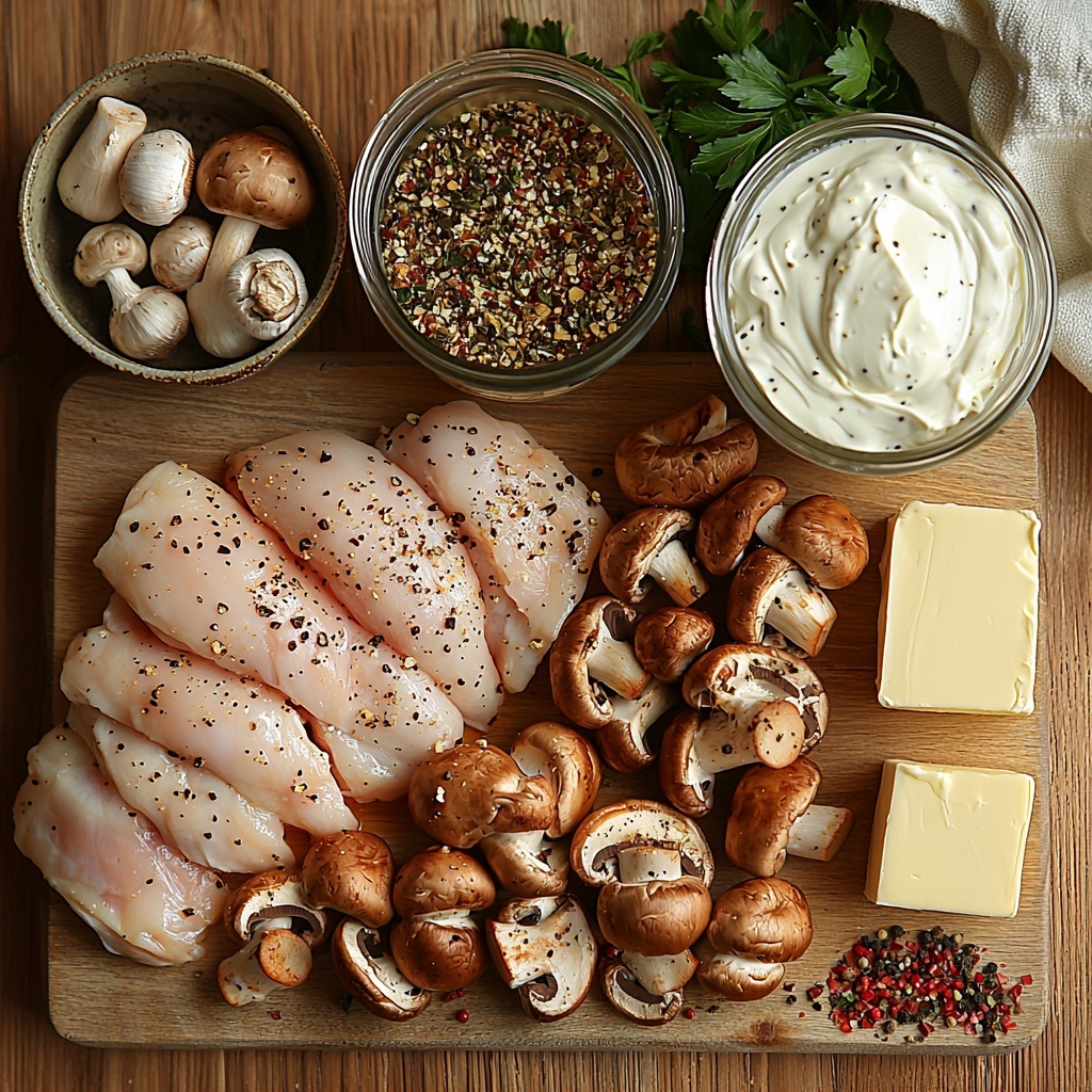 4 boneless skinless chicken breasts, pounded even thickness, raw and pale pink, next to 2 cloves fresh garlic, minced with a small pile of finely chopped white garlic pieces; 8 oz sliced cremini mushrooms displaying rich brown caps and textured creamy stems; a can of cream of chicken soup with smooth, creamy white texture visible inside an open tin; 1 cup low-sodium chicken broth in a clear glass measuring cup showing golden translucent liquid; an opened packet of Italian dressing mix with scattered dried herbs and spices in green, red, and brown hues; freshly ground black pepper in a small rustic wooden bowl with visible flakes; 1/2 cup unsalted butter in a neat yellow slab on a white butter dish; 1 cup sour cream at room temperature in a ceramic bowl, bright white and silky smooth surface; fresh chopped parsley with vibrant green leaves sprinkled loosely nearby for color contrast — all neatly arranged on a clean light wooden surface with soft natural lighting creating gentle shadows, styled with minimal rustic kitchen props like a linen napkin and a vintage silver spoon, emphasizing natural textures and vivid colors, overhead shot, top down view, flat lay photography, professional food styling --ar 1:1 --q 2 --s 750 --v 6.1