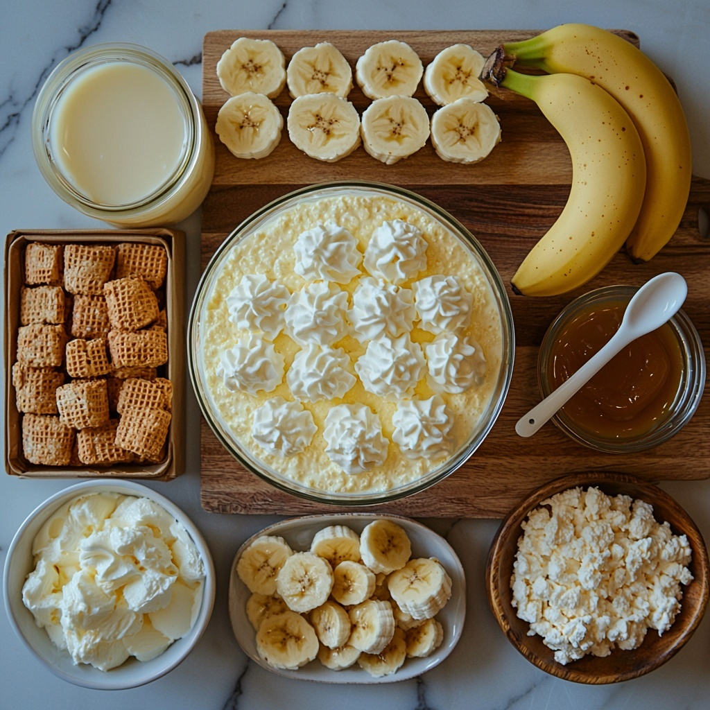 vanilla pudding mix box, cold whole milk in a clear glass measuring cup, small bottle of pure vanilla extract, block of softened cream cheese on a rustic wooden board, open can of sweetened condensed milk showing creamy texture, container of thawed whipped topping with soft peaks visible, several ripe bananas whole and sliced into rounds on a white ceramic plate, vintage box of vanilla wafers fanned out with some scattered loose wafers, small bowl of crushed vanilla wafers, small bowl of extra whipped cream, caramel sauce drizzled artfully on a white spoon, all ingredients arranged neatly and spaced evenly on a clean white marble surface, vibrant natural colors with soft shadows, textures ranging from smooth and creamy to crisp and crumbly, fresh banana yellows contrasting with creamy whites and golden wafers, styled with minimalistic white bowls and rustic wooden elements, accents of green banana leaves for freshness, overhead shot, top down view, flat lay photography, professional food styling --ar 1:1 --q 2 --s 750 --v 6.1