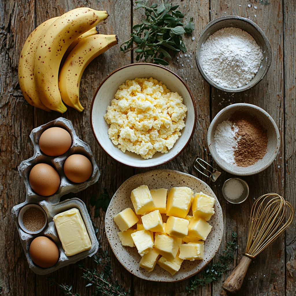 Bananas (both whole small yellow bananas and a small bowl of creamy mashed bananas), a neat pile of all-purpose flour in a white ceramic bowl, small ceramic bowls containing light brown sugar and fine granulated sugar, vintage measuring spoons filled with cinnamon powder and baking soda, a small mound of coarse salt crystals, a slab of soft unsalted butter on a white butter dish, two large brown eggs resting in a rustic egg carton, a small glass bowl of clear vanilla extract, all arranged artfully on a clean, light wooden surface. The ingredients are spaced evenly with natural soft daylight casting gentle shadows, highlighting the varying textures—from the smooth butter and glossy eggs to the powdery flour and sugar crystals. Small sprigs of fresh green herbs and a vintage whisk are placed nearby for added visual interest and styling contrast. The scene feels bright, warm, and inviting with a modern farmhouse aesthetic. overhead shot, top down view, flat lay photography, professional food styling --ar 1:1 --q 2 --s 750 --v 6.1