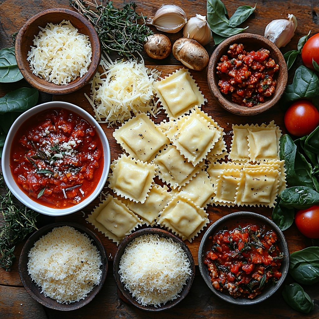 /Imagine prompt: A clean, rustic wooden surface neatly arranged with the main ingredients for a ravioli lasagna bake: fresh cheese or meat-filled ravioli in a small white ceramic bowl showcasing their delicate, pillow-like texture; a vibrant bowl of rich, deep red marinara sauce speckled with herbs; a generous mound of shredded mozzarella cheese, fluffy and slightly stringy white with a creamy texture; a small dish of finely grated Parmesan cheese with a pale, granular appearance; optional additions include browned crumbled ground beef with a savory, rustic look; Italian sausage pieces, browned and slightly crisp; and sautéed vegetables featuring vibrant green spinach leaves and earthy brown mushrooms, glistening lightly with oil. The ingredients are spaced evenly with intentional gaps, styled for contrasts in color and texture, enhanced by soft natural lighting that creates gentle shadows and highlights the freshness and richness of each element. Minimal props like a silver spoon and a wooden spatula add warmth and context. Overall arrangement is harmonious and inviting, emphasizing rustic Italian home cooking vibes. overhead shot, top down view, flat lay photography, professional food styling --ar 1:1 --q 2 --s 750 --v 6.1