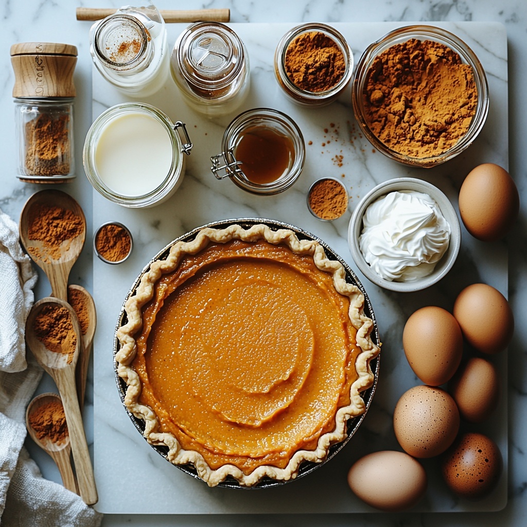 flat lay of healthy pumpkin pie ingredients arranged neatly on a clean white marble surface, featuring a glossy can of vibrant orange pumpkin puree, three fresh brown eggs with smooth shells, a small glass measuring cup of creamy white milk, a light amber maple syrup drizzle in a clear jar, a rustic bowl of granulated golden coconut sugar, a tiny glass bottle of rich vanilla extract with a cork stopper, two wooden spoons filled with warm brown pumpkin pie spice and reddish cinnamon powder, a small heap of fine white salt crystals, a rolled-out unbaked pie crust with a flaky, pale golden texture on a simple baking sheet, and a dollop of airy whipped cream in a white ceramic bowl; soft natural light casting gentle shadows, minimal props like a linen napkin and vintage silver measuring spoons, colors warm and inviting, textures contrasting smooth, powdery, and flaky elements, styled with balanced spacing and harmony -- overhead shot, top down view, flat lay photography, professional food styling --ar 1:1 --q 2 --s 750 --v 6.1