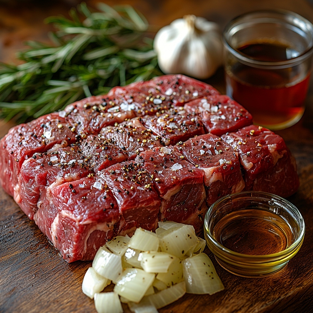 3-4 lbs raw beef roast with rich marbling, whole and seasoned with coarse salt and cracked black pepper, large translucent chopped onion pieces, peeled cloves of garlic both whole and minced, deep red cranberry juice in a clear glass cup, dark glossy balsamic vinegar in a small glass container, warm golden olive oil in a rustic bowl, a pile of rich brown beef broth in a small dish, fresh vibrant green rosemary sprigs arranged artfully, all ingredients spread on a smooth, clean light wooden surface with natural textures, soft natural lighting highlighting the vivid colors and varied textures, subtle shadows enhancing depth, styled with rustic kitchen props like a chef’s knife and linen napkin nearby, emphasis on freshness and wholesome quality, overhead shot, top down view, flat lay photography, professional food styling --ar 1:1 --q 2 --s 750 --v 6.1