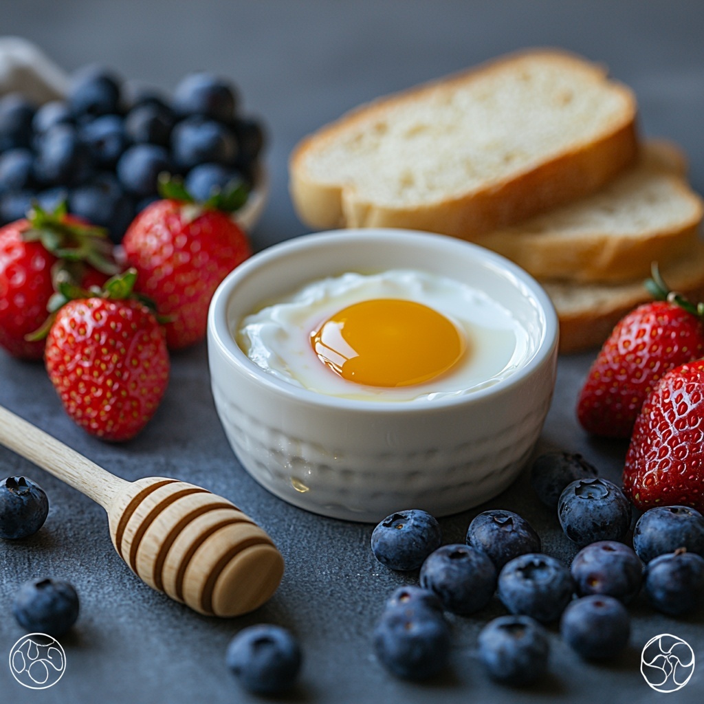 A clean, bright surface styled for overhead flat lay photography featuring the main ingredients: a small bowl of creamy white Greek yogurt with a smooth texture, a wooden spoon drizzled with golden honey, a cracked large egg in a delicate white ceramic bowl showing the vibrant yellow yolk, a handful of fresh plump blueberries with deep blue-purple hues, two ripe strawberries cut in half and thinly sliced revealing their bright red interiors and tiny seeds, four thick slices of fluffy golden brioche bread arranged neatly in a staggered stack, and a small white dish of fine powdered sugar dusted lightly nearby. Soft natural light enhances the fresh colors and textures, with subtle shadows adding depth. Minimal props with neutral tones ensure the ingredients pop, styled cleanly with balanced spacing to emphasize freshness and simplicity. Overhead shot, top down view, flat lay photography, professional food styling --ar 1:1 --q 2 --s 750 --v 6.1