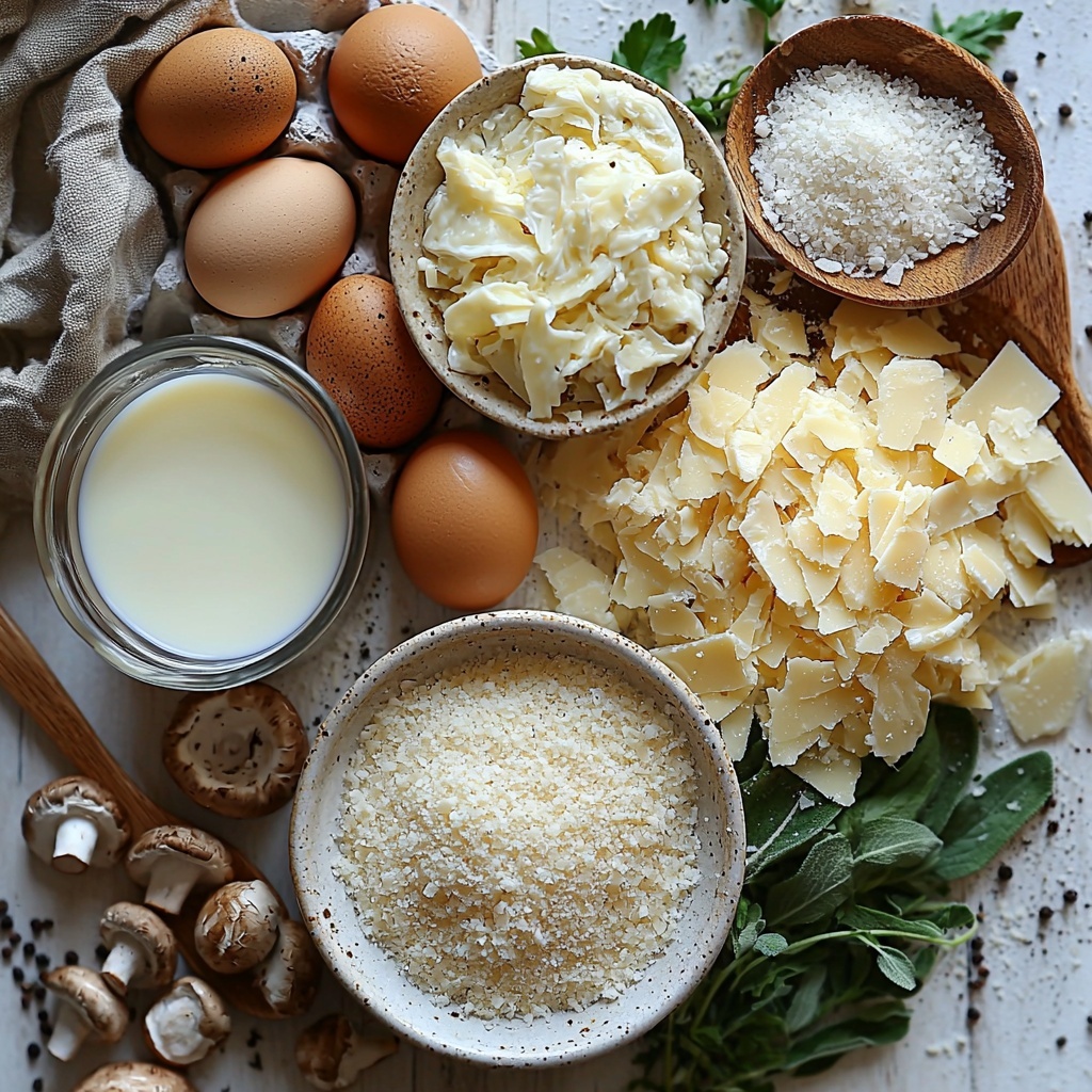 turkey sausage slices arranged in a rustic pile showing browned edges, diced raw chicken breast cubes with a pale pink color beside them, uncooked rotini or penne pasta scattered loosely with a warm golden hue, a small bowl of rich golden olive oil with a glossy surface, diced white onion pieces and minced garlic cloves placed neatly nearby, a measuring cup filled with smooth creamy white heavy cream, a glass container of golden chicken broth catching light, a small mound of shredded Pepper Jack cheese with a creamy orange-speckled texture, a pile of finely grated white Parmesan cheese, loose sprigs of bright green fresh parsley adding vibrant color, scattered black peppercorns and coarse salt crystals for texture, and a teaspoon holding Italian seasoning with mixed green and brown herbs — all elements thoughtfully spaced on a clean, matte white surface with natural soft light highlighting colors and textures, minimal shadows, inviting and fresh atmosphere, styled for clarity and appetizing appeal, overhead shot, top down view, flat lay photography, professional food styling --ar 1:1 --q 2 --s 750 --v 6.1