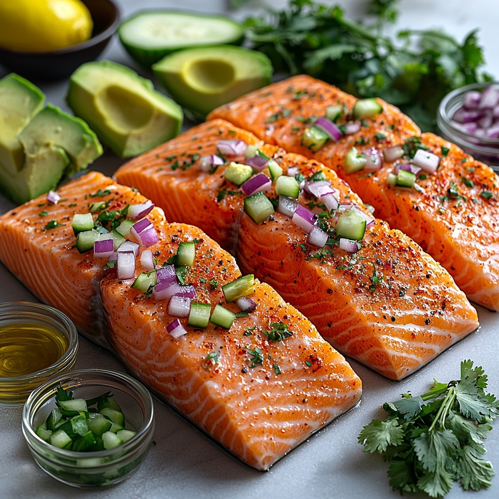 Cherry and grape tomatoes in deep reds and bright oranges, a whole hot house cucumber with smooth dark green skin, thinly sliced vibrant purple-red onion rings, glossy black kalamata olives clustered together, a block of white feta cheese cut into neat squares with a slightly crumbly texture, a small glass bowl of golden extra-virgin olive oil, a smaller bowl of rich red wine vinegar, two peeled garlic cloves with a creamy white surface, a wooden spoon sprinkled with dried oregano, coarse salt crystals and cracked black peppercorns scattered artistically around — all arranged neatly on a clean white marble surface. The colors contrast vividly: the reds, greens, blacks, and whites pop against the neutral background. The textures—from smooth and shiny olives to crumbly feta and crisp onion rings—are emphasized by natural soft lighting and slight shadows to add depth. The composition is balanced with ingredients spaced evenly but organically, with small rustic bowls and a wooden cutting board partially visible at the edges to add warmth and authenticity. Overhead shot, top down view, flat lay photography, professional food styling --ar 1:1 --q 2 --s 750 --v 6.1