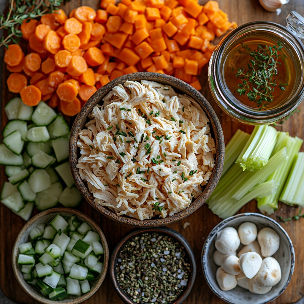 rotisserie chicken shredded into bite-sized pieces arranged in a small rustic bowl, fresh sliced white and brown mushrooms fanned out on a wooden cutting board, diced translucent onion scattered neatly beside vibrant orange carrot slices and bright green chopped celery stalks placed in small ceramic dishes, four peeled garlic cloves minced and displayed on a small white plate, a glass pitcher of golden chicken broth with light reflections, a small vintage spoon holding dried thyme with a few loose sprigs nearby, salt and pepper in elegant glass shakers, all ingredients set on a clean, matte white surface with soft natural lighting highlighting the varied textures and earthy, warm colors, subtle shadows adding depth and contrast to emphasize freshness and rustic homeliness, overhead shot, top down view, flat lay photography, professional food styling --ar 1:1 --q 2 --s 750 --v 6.1