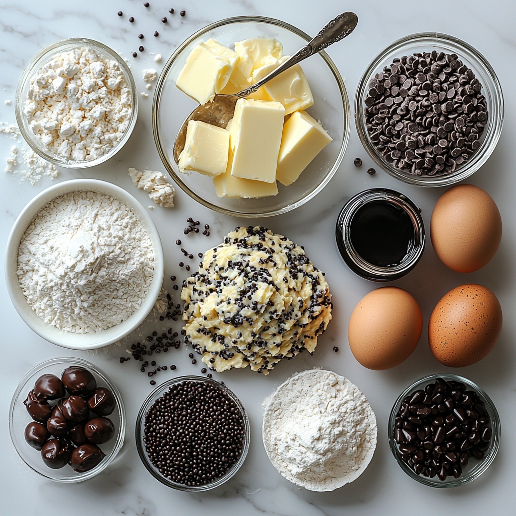 Ultra-clear flat lay of all main ingredients for Magical Spiral Cookies arranged on a pristine white surface: a bowl of soft, creamy unsalted butter with a silver spoon, a heap of fine powdered sugar spilling slightly, two fresh brown eggs with smooth shells, a small glass bowl of creamy milk, tiny glass jar with amber vanilla extract and another with almond extract, neatly measured mounds of all-purpose flour and a pinch of salt on small white ceramic dishes, vibrant dollops of rich purple and deep black gel food coloring on a white palette, scattered glossy purple sprinkles and glossy black chocolate sprinkles in small clear bowls. The textures range from smooth butter and glossy color gels to powdery sugar and flour, with a harmonious color contrast of soft neutrals, bold purples, and deep blacks. Soft natural light highlights subtle shadows and details, creating an inviting, clean, and colorful composition. overhead shot, top down view, flat lay photography, professional food styling --ar 1:1 --q 2 --s 750 --v 6.1