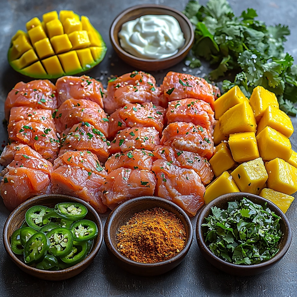 A clean white surface with all main ingredients neatly arranged for a vibrant flat lay composition: raw chicken thighs and breasts with a natural pink hue, a small bowl of golden olive oil or melted butter, whole garlic cloves and a few peeled cloves scattered for texture, bright green chopped jalapeños and whole jalapeños sliced to show seeds, small piles of ground cumin and smoky red paprika powders, coarse grains of salt and black peppercorns artfully sprinkled, fresh chopped cilantro and parsley leaves with vibrant green tones, a ripe mango cut into chunks showcasing bright orange-yellow flesh, diced creamy avocado with a soft green gradient, a small bowl of creamy white mayo, another bowl of thick plain Greek yogurt, fresh sprigs of cilantro and parsley adding freshness, whole garlic cloves and halved jalapeños, a small dish of fresh lime juice with a subtle sheen, and a tiny dish of toasted sesame oil with a rich amber color. Ingredients are arranged with thoughtful spacing to showcase their textures and colors, some herbs scattered organically, warm natural light casting soft shadows, creating a fresh and inviting mood. Overhead shot, top down view, flat lay photography, professional food styling --ar 1:1 --q 2 --s 750 --v 6.1