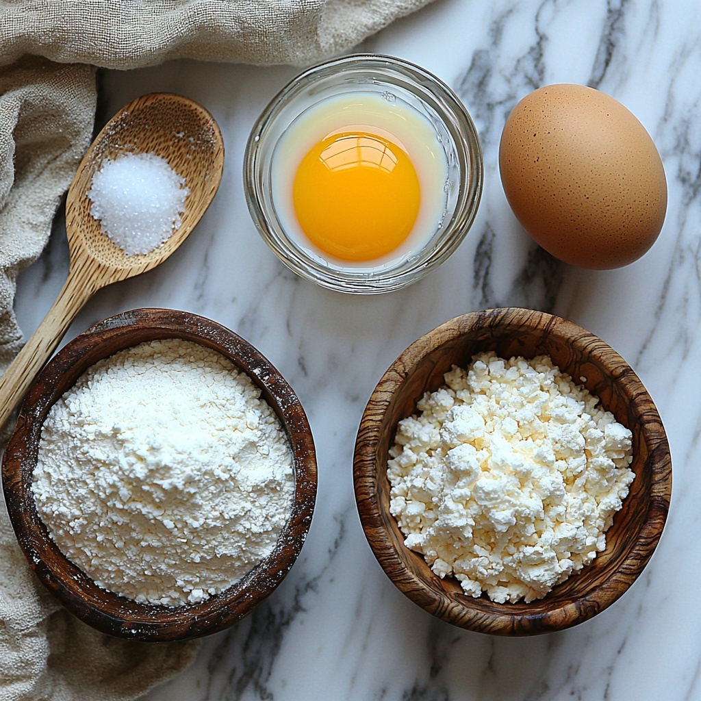 Classic pancake ingredients flat lay on a clean white marble surface: a small rustic bowl filled with 1 1/2 cups of fine, white all-purpose flour, a small glass bowl with golden granulated sugar (2 tablespoons), a wooden spoon holding 1 tablespoon of light beige baking powder with a slight powdery texture, a medium white ceramic bowl with one large fresh brown egg cracked open showing bright yellow yolk and translucent white, a clear glass measuring cup containing 1 1/4 cups of smooth, creamy milk. Arrange ingredients neatly in a balanced semi-circle with natural soft daylight illuminating from the side, subtle shadows enhancing textures, minimalist wooden utensils placed casually nearby, a light beige linen napkin corner peeking into the frame for warmth and contrast, focus on texture and color contrast with plenty of negative space, overhead shot, top down view, flat lay photography, professional food styling --ar 1:1 --q 2 --s 750 --v 6.1
