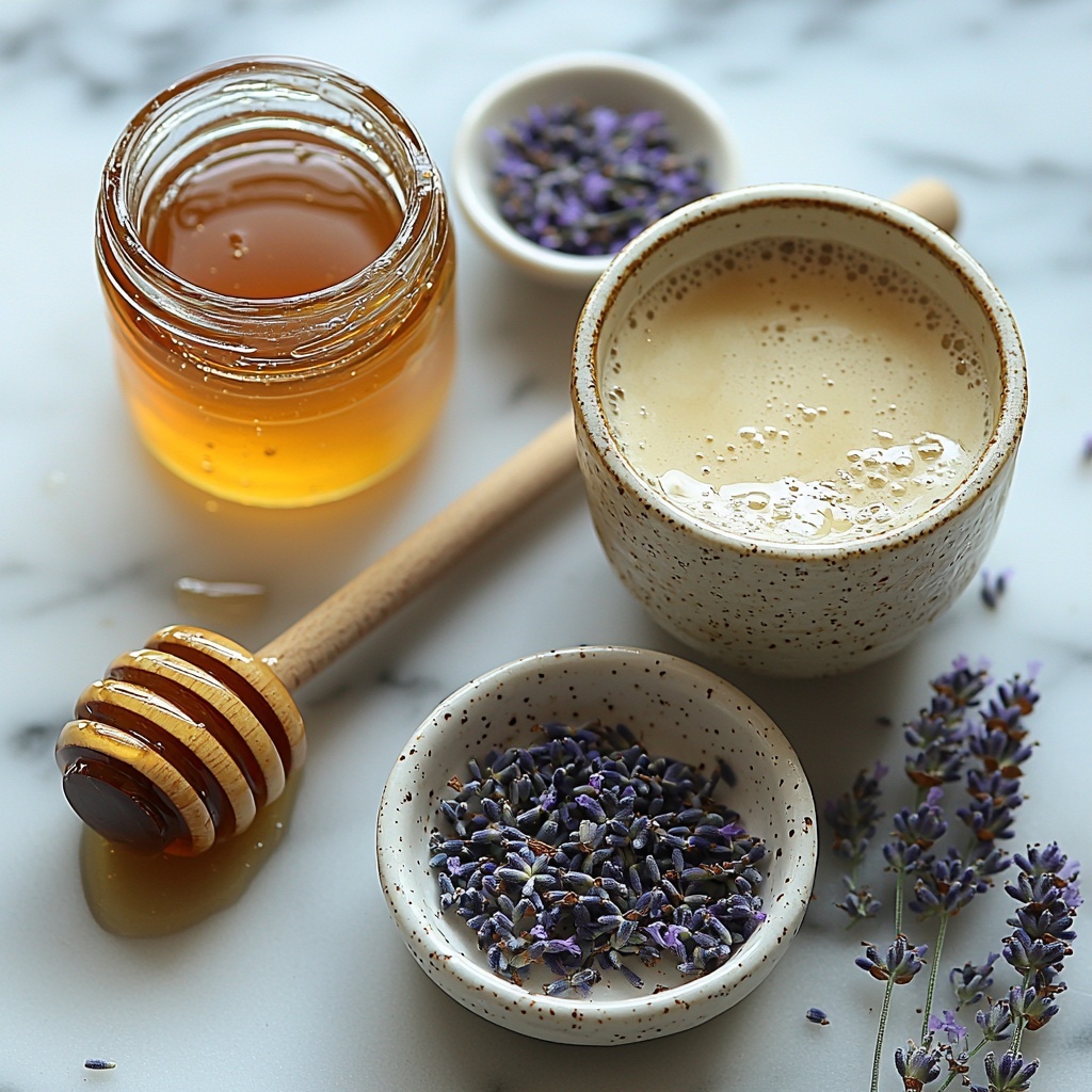 11- Honey, dried culinary lavender buds in a small bowl, a small jar of golden honey with wooden honey dipper, two rich dark espresso shots in clear glass espresso cups, a cup of steaming frothed milk in a white ceramic mug, a small white bowl with dried lavender flowers, a small clear glass bowl with water, all ingredients carefully arranged on a smooth, clean white marble surface with soft natural lighting, highlighting the warm amber hues of honey and the delicate purple tones of lavender, subtle shadows adding depth, rustic yet elegant vibe, minimalistic and airy composition, overhead shot, top down view, flat lay photography, professional food styling --ar 1:1 --q 2 --s 750 --v 6.1