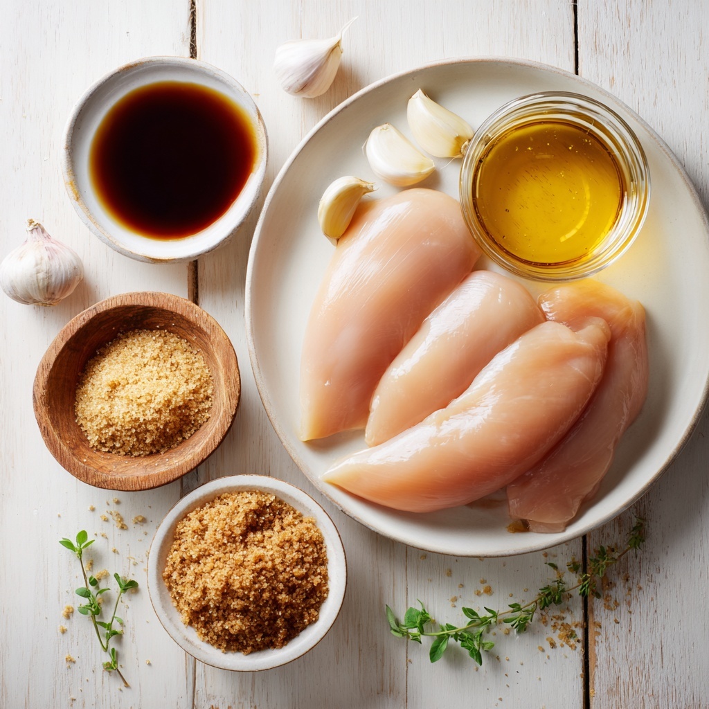 4 boneless, skinless chicken breasts raw and plump, arranged neatly on a simple white ceramic plate; fresh garlic cloves, whole and minced, scattered artfully nearby on a small wooden bowl; a half cup clear glass bowl with low-sodium soy sauce showing deep amber hues; a small rustic jar of golden honey with sticky drips on the rim; a small white dish holding glossy, dark balsamic vinegar; a tiny bowl filled with rich, moist brown sugar with a slightly grainy texture; all ingredients placed on a clean, light wooden surface with natural soft daylight casting gentle shadows; minimalistic styling with a few fresh green herbs as subtle accents for color contrast; textures highlighting the smoothness of the chicken skin, the glossy liquids, and the granular sugar; neat and balanced composition with space between elements for clarity and visual flow; overhead shot, top down view, flat lay photography, professional food styling --ar 1:1 --q 2 --s 750 --v 6.1