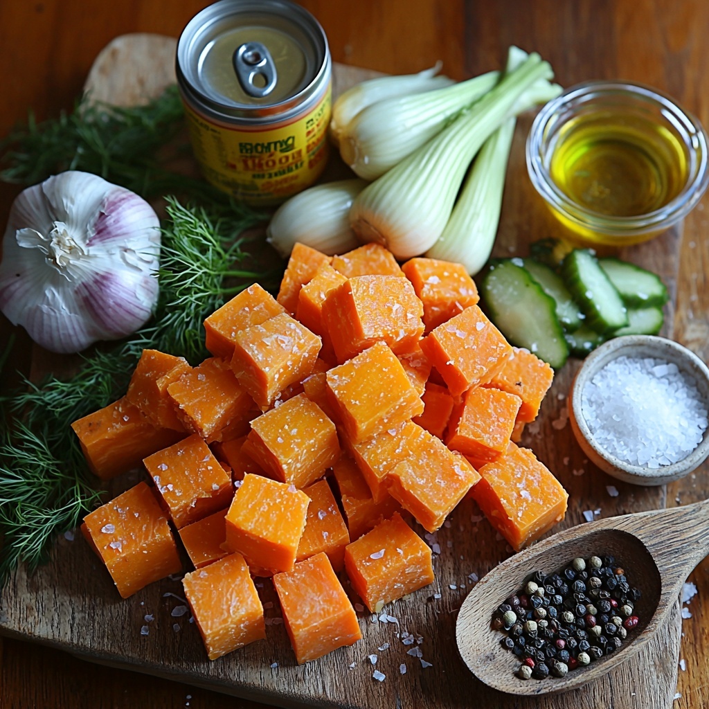 A clean, bright wooden surface neatly arranged with the main ingredients for vegan ginger sweet potato soup: a small pile of vibrant orange sweet potato cubes, bright orange chopped carrots, a finely chopped white onion with its papery skin nearby, a small fennel bulb with its feathery green fronds intact, two peeled garlic cloves alongside a wooden spoon with minced garlic, a fresh piece of ginger root partially grated with some grated ginger displayed next to it, a small glass bowl of golden olive oil, a rustic can of lite coconut milk with a few drops spilled artistically, and a clear glass measuring cup filled with light golden vegetable broth. Salt and cracked black pepper are scattered subtly in small white ceramic bowls. The ingredients display a variety of textures from smooth and creamy to rough and fibrous, colors ranging from vibrant oranges and greens to creamy whites, styled with natural daylight casting soft shadows, minimalistic and clean composition emphasizing freshness and natural beauty. Overhead shot, top down view, flat lay photography, professional food styling --ar 1:1 --q 2 --s 750 --v 6.1