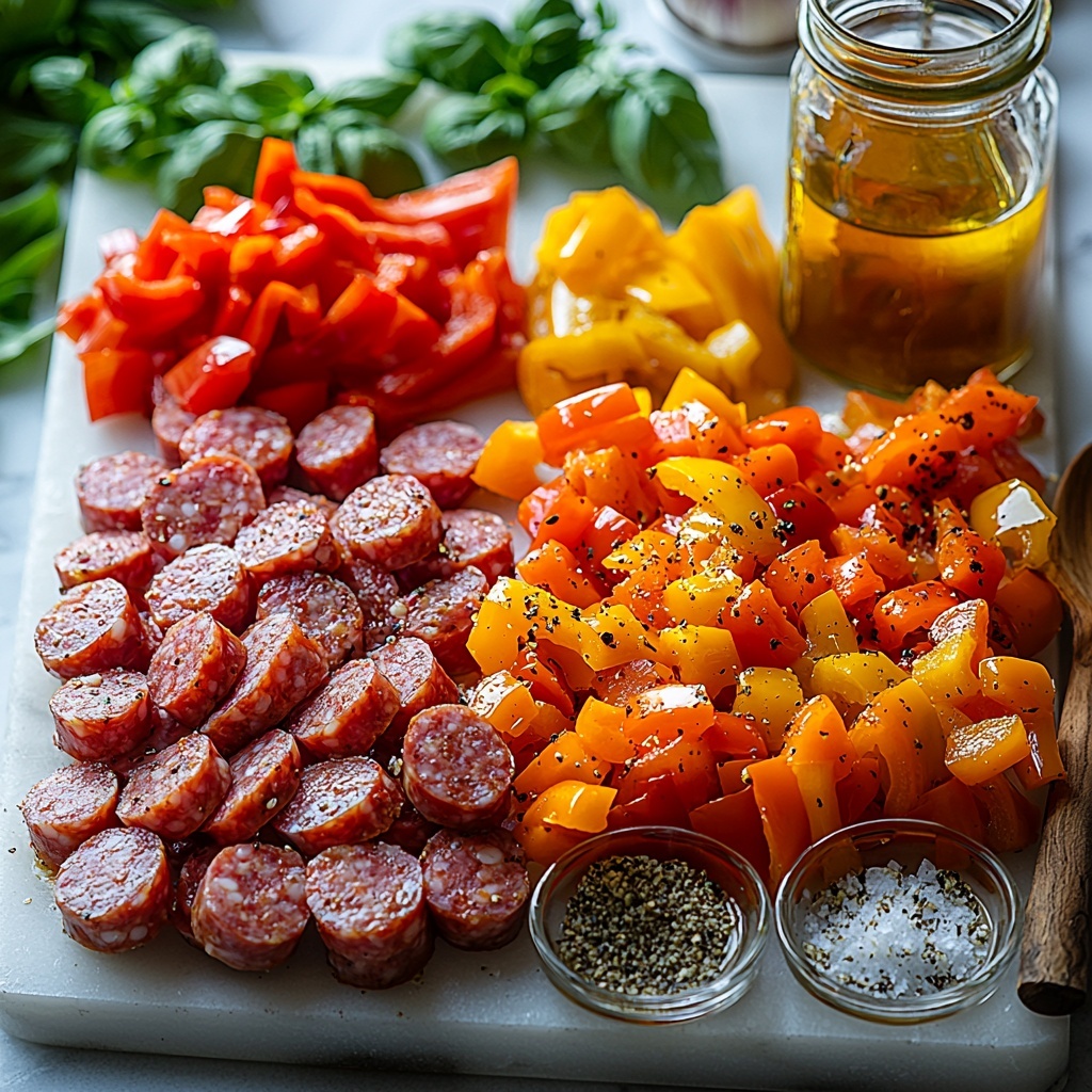 A vibrant flat lay of fresh ingredients for sausage and peppers on a clean white marble surface: three large bell peppers in red, orange, and yellow, sliced into thin strips showcasing their glossy, crisp textures; one medium yellow onion thinly sliced into delicate translucent rings; three cloves of garlic, peeled and whole with smooth, papery skins; two small glass bowls containing rich, deep red tomato paste and bright diced tomatoes with visible seeds and juice; a cluster of raw Italian pork sausage links with a slightly coarse, marbled texture of pink and white; a small glass jar of extra virgin olive oil catching the light with golden hues; a rustic wooden spoon holding mixed Italian seasoning with visible dried herbs; a small pinch bowl of coarse kosher salt crystals next to freshly cracked black peppercorns; a half cup measuring glass of clear water; and a few vibrant green fresh basil leaves arranged loosely nearby for garnish. The ingredients are meticulously spaced with natural shadows and soft, diffused daylight, emphasizing the colorful contrasts and fresh, wholesome textures. Overhead shot, top down view, flat lay photography, professional food styling --ar 1:1 --q 2 --s 750 --v 6.1