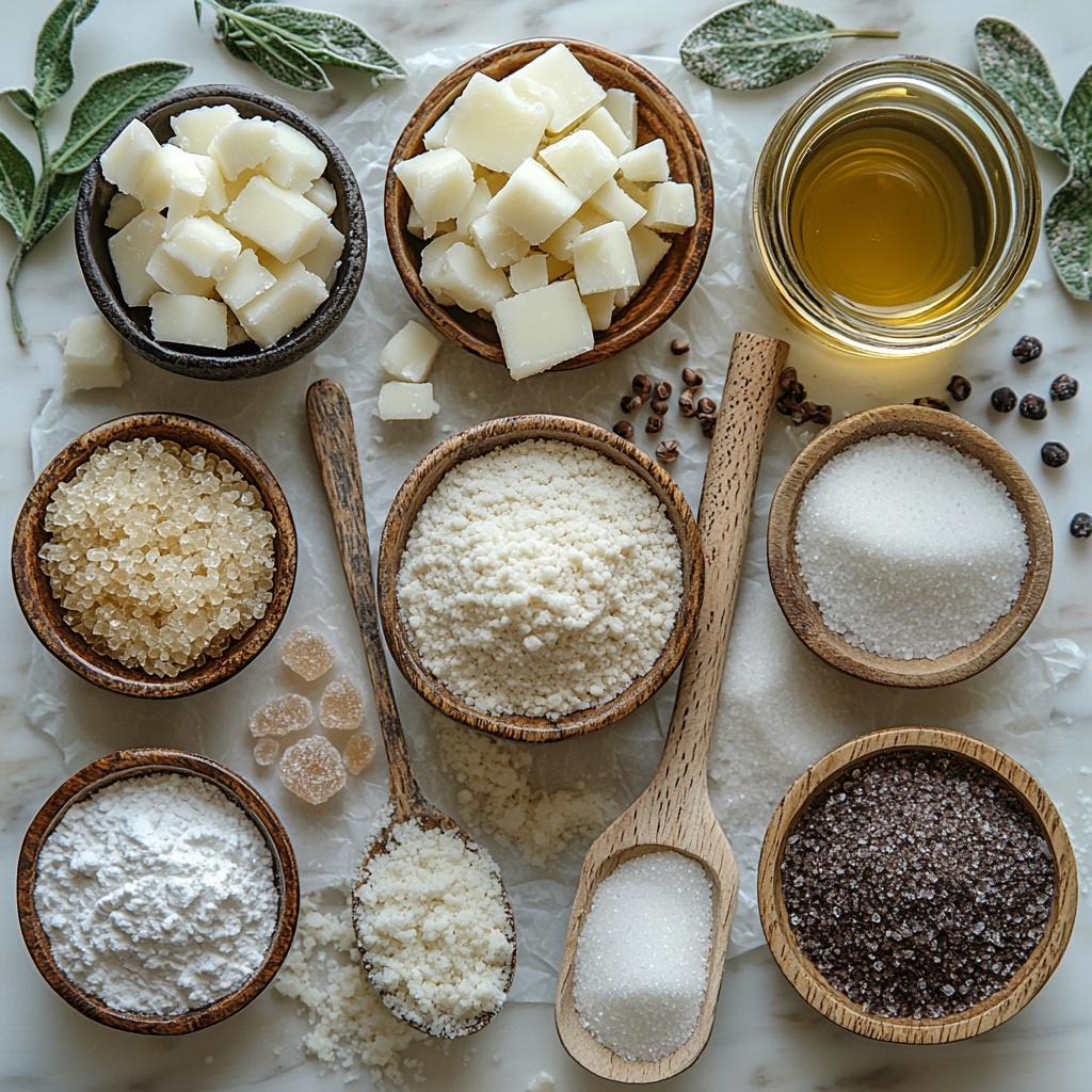 coconut oil solid in a small rustic ceramic bowl showcasing its creamy white texture, packed brown sugar heaped in a wooden spoon highlighting its rich golden-brown crystals, a glass jug of almond milk with a slight creamy translucence, a small glass bottle of vanilla extract with dark liquid, a neat pile of all-purpose flour with fine white powder texture on parchment paper, a heap of deep brown cocoa powder in a small bowl, measuring spoons filled with baking powder, baking soda, and salt arranged in a row, a white bowl filled with fine powdered sugar, a small dish with vibrant green sprinkles and chopped green peppermint candies adding a festive pop of color, all ingredients carefully spaced on a clean, matte white surface with soft natural light casting gentle shadows, sharp focus on textures and colors, minimalistic and cozy holiday vibe, overhead shot, top down view, flat lay photography, professional food styling --ar 1:1 --q 2 --s 750 --v 6.1