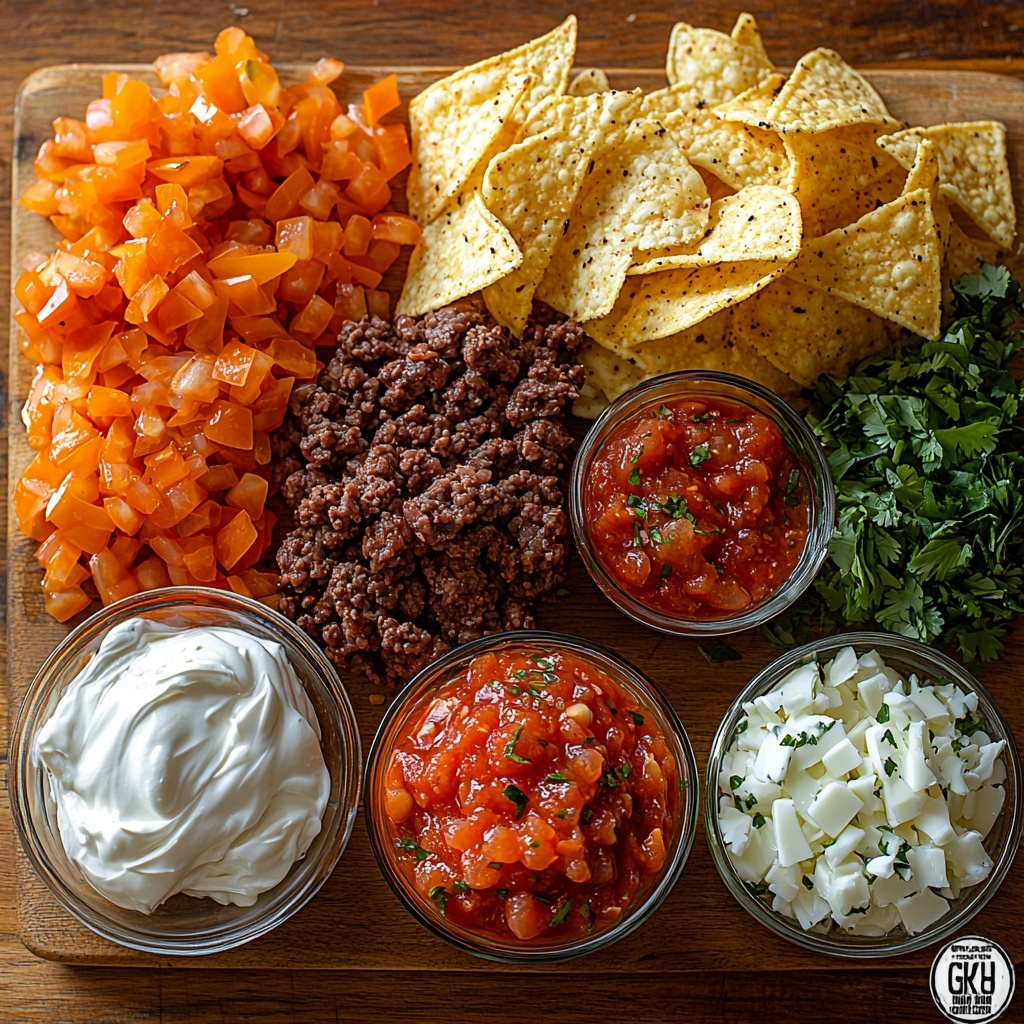 /Imagine prompt: A clean, light wooden surface arranged with the main ingredients for an easy taco skillet recipe. Centered is a small mound of raw ground beef, rich red and textured with visible marbling. To its side, a small glass bowl of finely chopped white onion with delicate translucency. Nearby, a rustic wooden spoon holds vibrant orange-red taco seasoning powder, its texture grainy and inviting. A drained and rinsed pile of glossy black beans with smooth, shiny skins sits next to the seasoning. A clear glass jar filled with chunky, deep red salsa showing bits of tomato, onion, and herbs. A small ceramic bowl brimming with shredded cheddar cheese, bright golden-yellow strands with a slightly rough, pulled-apart texture. A dollop of thick, creamy white sour cream placed in a delicate white ramekin, smooth and glossy. Scattered fresh green cilantro leaves with jagged edges and a vibrant color add fresh contrast. Several crispy, golden tortilla chips fanned out with visible salt crystals, adding crunch and warmth. The ingredients are spaced thoughtfully with negative space to highlight colors and textures, soft natural daylight from the side casting gentle shadows, neutral background enhancing the vivid hues, overhead shot, top down view, flat lay photography, professional food styling --ar 1:1 --q 2 --s 750 --v 6.1