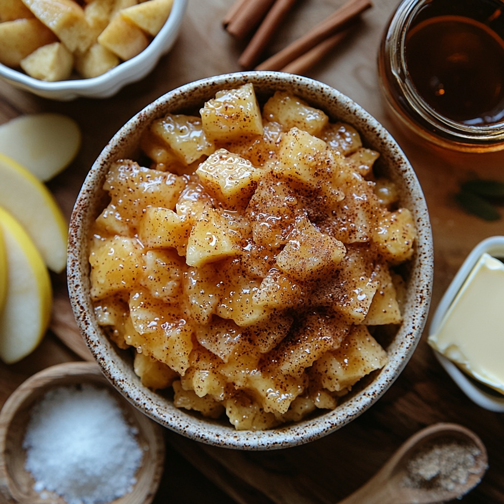 3 large brown eggs in a small rustic bowl, a dollop of smooth orange canned pumpkin puree in a white ceramic ramekin, a clear glass measuring cup filled with creamy whole milk, a small wooden bowl with light brown granulated brown sugar, a tiny white spoon holding amber vanilla extract, porcelain dishes with ground cinnamon, ground nutmeg, and ground cloves powders in warm cinnamon and beige tones, a pinch of coarse sea salt scattered near, six thick slices of golden brioche bread neatly stacked fanned out, a small pat of creamy butter on a vintage butter knife, peeled and diced glossy red apples in a white bowl, a small pan with melted golden butter beside a bowl of caramelized apple mixture topped with glistening brown sugar and cinnamon, a fresh lemon wedge with dew drops, a glass bottle of rich amber maple syrup partially poured, and a small sieve dusted with fine white powdered sugar. All arranged artfully on a light natural wood surface with soft natural daylight casting gentle shadows, warm cozy autumnal color palette, textures of smooth liquids, fluffy bread, and granular sugars highlighted, balanced negative space, overhead shot, top down view, flat lay photography, professional food styling --ar 1:1 --q 2 --s 750 --v 6.1