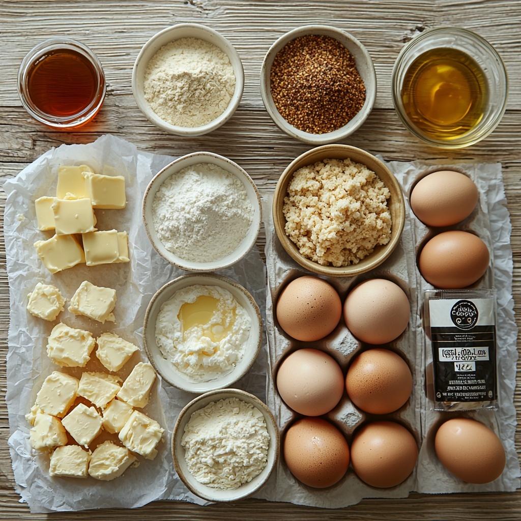 2 cups all-purpose flour in a small white ceramic bowl, 1 teaspoon baking powder, 1 teaspoon baking soda, and 1/2 teaspoon salt measured out neatly on wooden spoons, 1 1/2 cups buttermilk in a rustic glass measuring cup, 2 large brown eggs cracked open with shells beside them on a clean white linen napkin, 1/4 cup golden melted butter in a small glass ramekin, 4 raw chicken breasts seasoned with paprika, garlic powder, and onion powder resting on crinkled parchment paper, 1 cup golden breadcrumbs in a round ceramic dish, small bowls of paprika, garlic powder, and onion powder arranged artfully with vibrant colors, a small glass bowl of amber maple syrup reflecting light, a small bowl of vegetable oil with a subtle sheen, all ingredients spread evenly over a light wooden surface with soft natural lighting highlighting the textures — flour’s powdery softness, the smoothness of eggshells, the coarse crumbly texture of breadcrumbs, and the rich hues of spices — styled with minimalist white dishes and natural linen, giving a fresh, inviting, and clean look, delicate shadows adding depth, overhead shot, top down view, flat lay photography, professional food styling --ar 1:1 --q 2 --s 750 --v 6.1