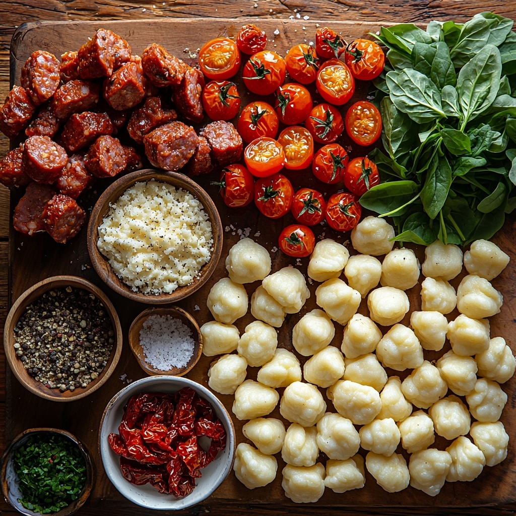 Italian sausage links and loose crumbles in a small rustic bowl, diced shallots finely chopped in a clear glass bowl with pale purple hues, bright red sun-dried tomatoes soaked and chopped arranged in a small white dish, minced garlic cloves finely minced on a wooden board, a small spoonful of rich red tomato paste on a white ceramic spoon, scattered dried oregano and paprika powders in tiny white ramekins, garlic powder, kosher salt, and black pepper grains artfully sprinkled around, a clear glass measuring cup filled with creamy heavy whipping cream, a rustic bowl of golden chicken broth with warm amber tones, a wooden bowl overflowing with halved vibrant red cherry tomatoes with juicy interiors visible, a mound of freshly grated pale yellow Parmesan cheese on a slate board, two packages of soft, pillowy uncooked potato gnocchi arranged in neat rows on parchment paper, fresh dark green spinach leaves stacked gently beside the gnocchi, a small bowl of shredded mozzarella cheese showing soft, fluffy texture, and a small bunch of bright green chopped parsley scattered nearby. All ingredients arranged thoughtfully on a clean, light-colored wooden surface with natural soft daylight, gentle shadows emphasizing textures, minimal rustic props, balanced composition highlighting vibrant colors and varied textures. Overhead shot, top down view, flat lay photography, professional food styling --ar 1:1 --q 2 --s 750 --v 6.1