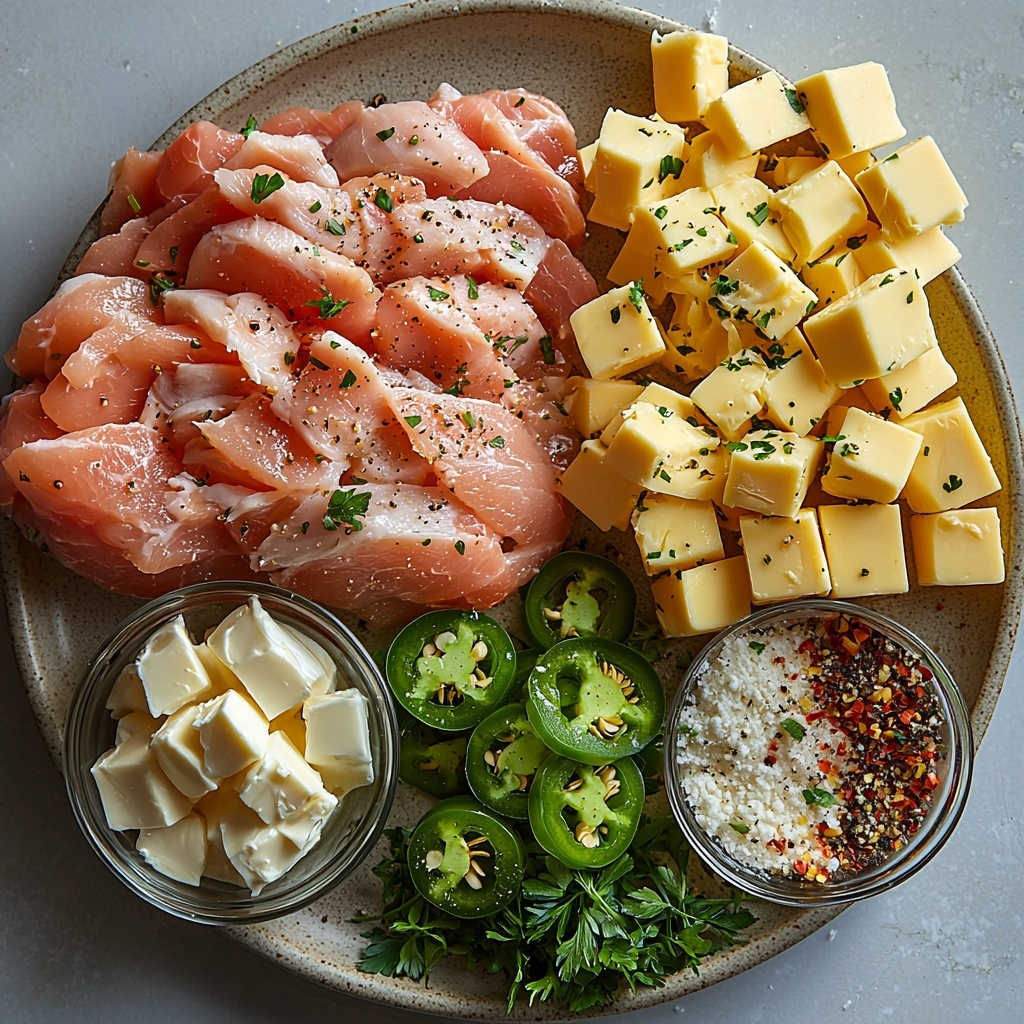 Jalapeño Popper Chicken ingredients flat lay on a bright, clean white surface: two large boneless skinless chicken breasts raw and neatly trimmed, a small bowl of golden olive oil with a glossy sheen, two tablespoons of creamy butter cubes, three to four fresh jalapeños sliced thin and diced vibrant green with seeds removed, three cloves of fresh garlic minced finely showing texture, a small pile of fine white flour, four ounces of cream cheese cut into soft white cubes, a half cup of smooth sour cream in a small glass bowl, a mound of shredded sharp cheddar cheese bright orange-yellow with strands visible, five crispy chopped bacon strips with rich mahogany color and crispy edges, three fresh green onions sliced thin with deep emerald green and white sections, a teaspoon of bright red paprika powder, a tiny bowl of coarse salt and freshly ground black pepper, and a trio of small spice piles: oregano, mustard powder, and parsley in soft earth tones. Arrange ingredients symmetrically with emphasis on contrasting colors and textures — the creamy softness of dairy against crispy bacon and fresh crisp jalapeños — all spaced evenly for balance. Natural daylight illumination from top left, soft shadows, minimal props, clean and modern aesthetic with subtle reflections on bowls, overhead shot, top down view, flat lay photography, professional food styling --ar 1:1 --q 2 --s 750 --v 6.1