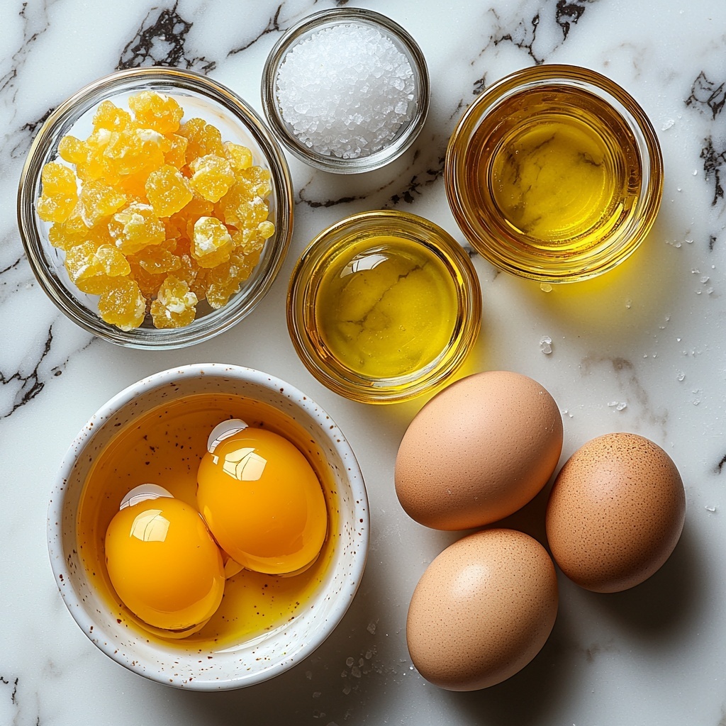 2 large egg yolks in a small white ceramic bowl with a smooth glossy surface, a small glass bowl of bright yellow Dijon mustard, a clear glass bowl with translucent lemon juice, a small glass bowl filled with golden canola oil reflecting light, a neat pile of fine white salt crystals on a clean white surface; all ingredients carefully spaced and arranged in a balanced circle on a crisp white marble countertop, soft natural light casting gentle shadows, emphasizing vibrant yellows and warm golden tones, minimalistic style with clean lines, a small stainless steel whisk subtly placed nearby, textures highlighted with high contrast and sharp focus, overhead shot, top down view, flat lay photography, professional food styling --ar 1:1 --q 2 --s 750 --v 6.1