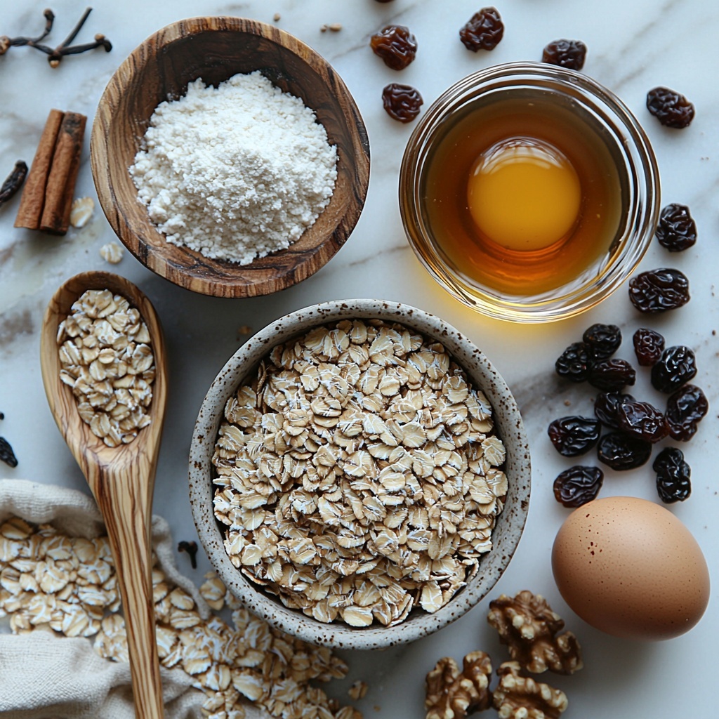 Rolled oats in a small rustic bowl showcasing their coarse, light beige texture; a neat mound of whole wheat flour with a soft, powdery surface on a white ceramic plate; a tiny heap of fine baking soda powder alongside a scattering of warm brown ground cinnamon and a pinch of salt on a smooth wooden surface; a small glass jar filled with golden melted coconut oil shimmering softly, next to a small bowl of amber maple syrup glistening under the light; one large fresh brown egg placed next to a clear glass bowl of rich vanilla extract with its deep brown color; a small white cup overflowing with plump, glossy raisins and vibrant dried cranberries in shades of deep red; chopped walnuts and pecans scattered elegantly on a slate board showing their rugged textures and warm earthy tones. All ingredients arranged thoughtfully on a clean, bright white background with subtle natural light casting soft shadows, minimal props to emphasize natural colors and textures, styled for an inviting, warm, and wholesome atmosphere. Overhead shot, top down view, flat lay photography, professional food styling --ar 1:1 --q 2 --s 750 --v 6.1