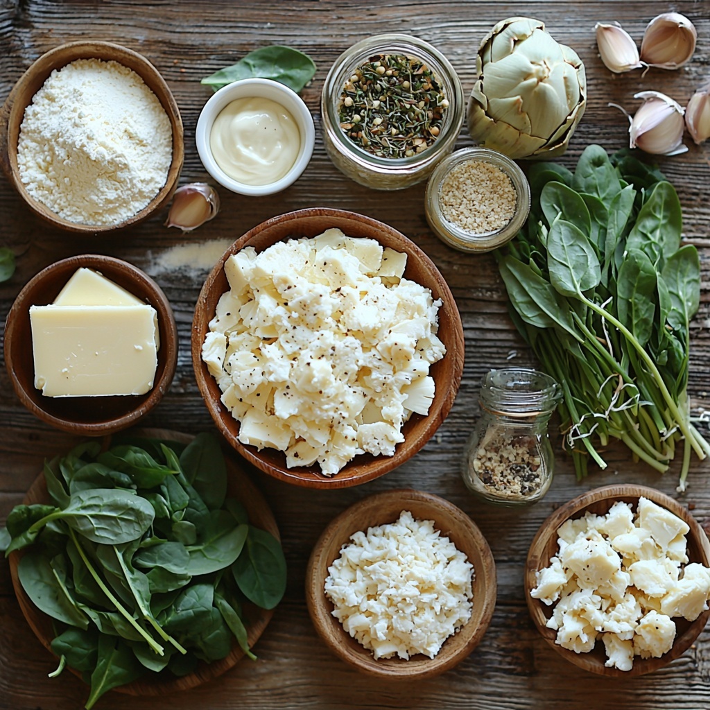 2 tablespoons unsalted butter in a small vintage dish, 2 tablespoons all-purpose flour neatly spooned in a rustic ceramic bowl, 1 cup half and half poured into a clear glass measuring cup, 4 ounces cream cheese in a soft block on parchment paper, 2 teaspoons Worcestershire sauce in a small dark glass bottle, 2 teaspoons Dijon mustard in a tiny white ramekin, 1 cup freshly grated Parmesan cheese heaped in a natural wooden bowl, 1 cup shredded mozzarella cheese loosely piled on crumpled parchment, vibrant 10-ounce fresh baby spinach leaves arranged in a loose bunch with deep green color and natural texture, 6 ounces marinated artichokes drained and fanned out on a white plate showing glossy, tender layers, 1 pound lump crab meat in a delicate pile on a light ceramic plate showing flaky texture and creamy white color, 1 tablespoon finely chopped bright green chives sprinkled artfully in a small glass bowl, all ingredients laid out on a clean rustic wooden surface with soft natural light, subtle shadows adding depth, minimal props for a fresh, clean, inviting look, colors rich but natural, textures varied from creamy to leafy and flaky, overhead shot, top down view, flat lay photography, professional food styling --ar 1:1 --q 2 --s 750 --v 6.1