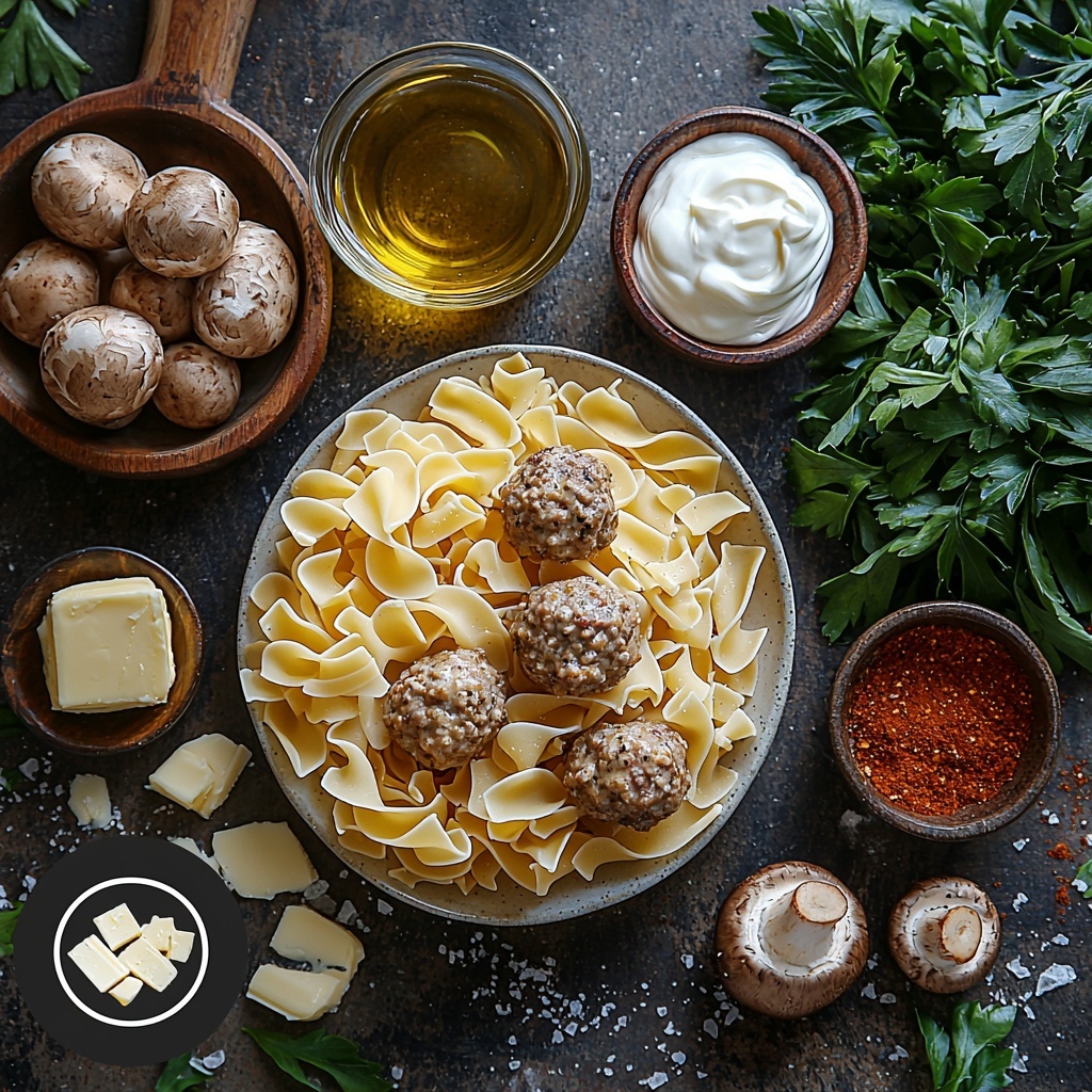 A clean, bright surface with all main ingredients for Meatball Stroganoff carefully arranged in an inviting flat lay: a rustic bowl of wide uncooked egg noodles showcasing their pale yellow, curly texture; a small glass bowl of golden olive oil shimmering in the light; a white plate piled with thawed, browned meatballs, their browned, slightly glossy exterior visible; a wooden board displaying neatly sliced cremini mushrooms, rich brown with creamy white stems; a clear glass cup filled with pale straw-colored dry white wine; a small bowl of rich, golden butter; a measuring cup of deep brown, low sodium beef broth; tiny bowls containing smooth Dijon mustard with a pale yellow hue, dark Worcestershire sauce, and dried Italian seasoning herbs with mixed green flecks; a small dish holding bright red paprika powder and fine white garlic powder; salt and coarse ground black pepper in minimal dishes; a bowl of thick, white heavy whipping cream contrasting with a small bowl of full fat sour cream; scattered fresh chopped vibrant green Italian parsley leaves adding a pop of color; all items spaced evenly in a harmonious layout, textures varied and visually appealing, natural soft lighting highlighting colors and details, minimal shadows, styled with casual elegance and a slight rustic touch. Overhead shot, top down view, flat lay photography, professional food styling --ar 1:1 --q 2 --s 750 --v 6.1