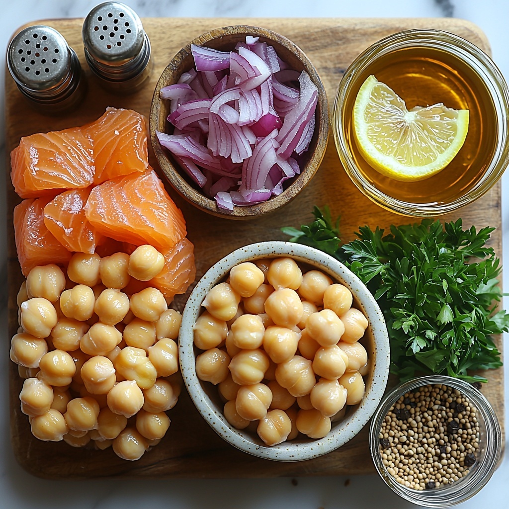 chickpeas in a small rustic bowl with pale beige, round, smooth texture; open can of chunk light tuna showing flaky, moist, light pink fish; a small glass bowl of creamy off-white tahini paste; a bright lemon halved with vibrant yellow flesh; a small glass bowl of freshly squeezed lemon juice, translucent pale yellow; a small dish with golden olive oil shimmering under light; finely chopped red onion scattered on a white ceramic plate showing vivid purple-pink pieces with crisp texture; fresh parsley leaves with rich green color, loosely arranged on a wooden board; small salt and pepper grinders nearby with coarse salt and black peppercorns visible; all ingredients carefully spaced on a clean white marble surface, natural soft light highlighting the varied textures and colors; minimal shadows, fresh and vibrant styling, emphasizing the freshness and Mediterranean vibe, overhead shot, top down view, flat lay photography, professional food styling --ar 1:1 --q 2 --s 750 --v 6.1