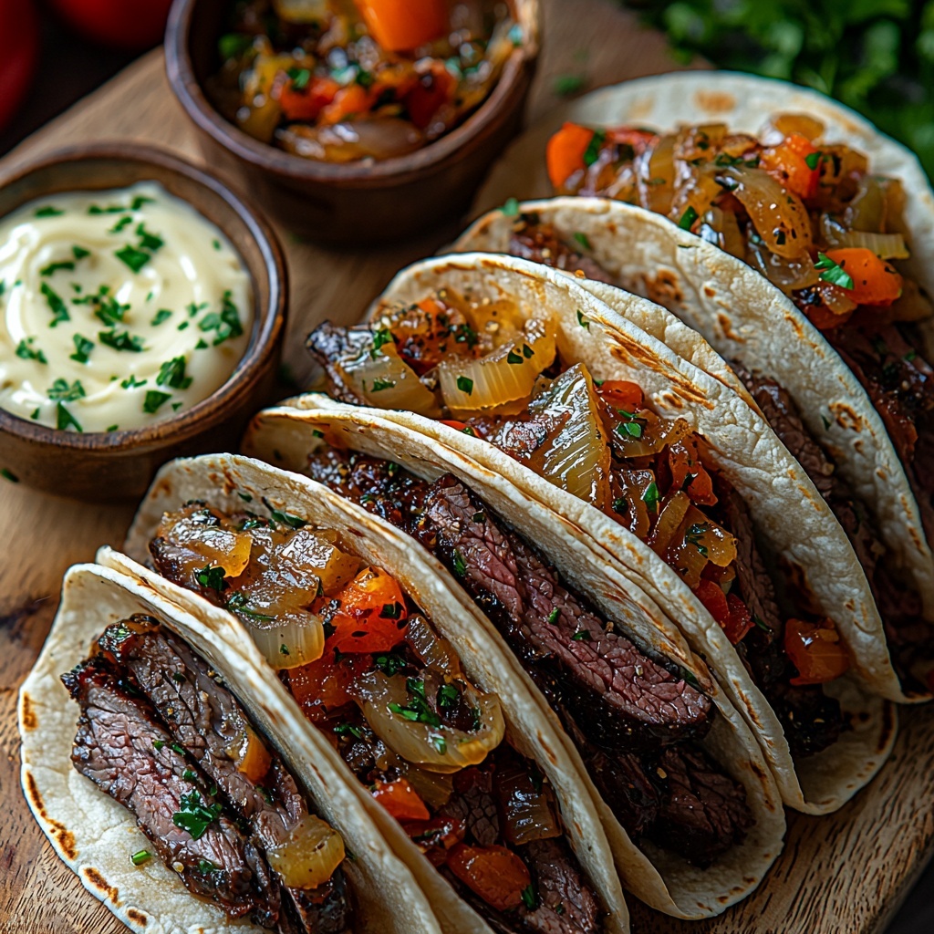 Large flour tortillas neatly stacked with their soft, pale beige texture, thinly sliced roast beef fanned out showcasing rich deep red and brown marbling, slices of creamy Swiss cheese with characteristic holes, caramelized sautéed onions and bell peppers displaying golden browns and vibrant orange and red hues together in small rustic bowls, a small dish of smooth creamy horseradish sauce in white, a pat of melted golden butter or a small pool of oil in a shallow glass container, and a small clear bowl filled with warm, rich brown beef broth with subtle steam rising. All ingredients are meticulously arranged on a clean, light wooden surface, with natural soft daylight highlighting the textures and colors, gentle shadows adding depth, and small fresh parsley sprigs scattered for a pop of green. Overhead shot, top down view, flat lay photography, professional food styling --ar 1:1 --q 2 --s 750 --v 6.1