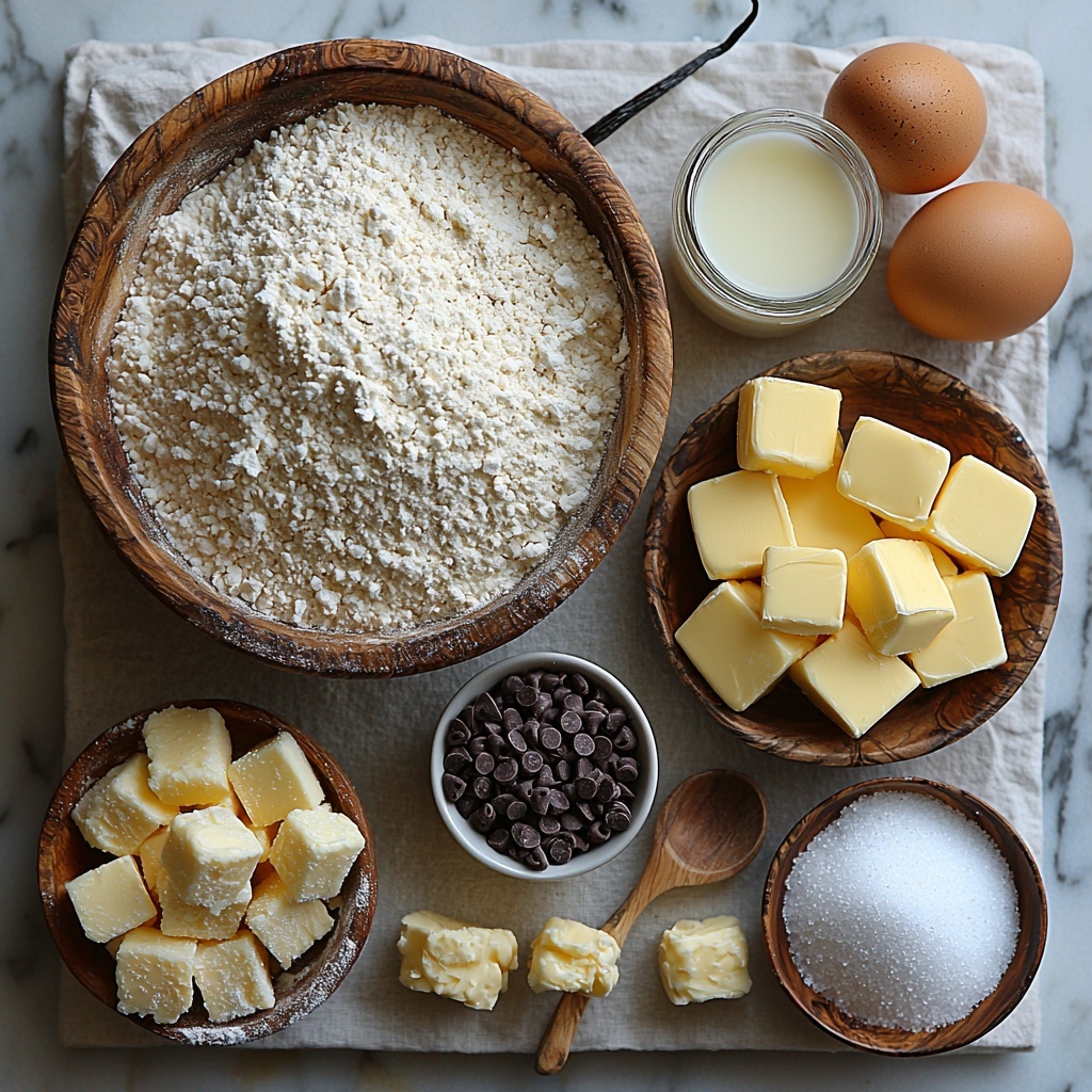 A clean white marble surface with the main ingredients artfully arranged for a flat lay: a wooden bowl filled with all-purpose flour (soft, powdery white), next to a small glass bowl of granulated sugar sparkling under soft light, a vintage teaspoon with fine salt crystals nearby. Crumbled fresh yeast shown as small golden nuggets in a tiny ceramic dish. Three smooth, brown eggs and a small glass of whole milk emitting a creamy white tone. Soft cubes of pale yellow unsalted butter scattered on a folded linen napkin. A glossy, split vanilla pod revealing tiny black seeds laying beside a small ramekin filled with bright yellow egg yolks. A heap of mini glossy chocolate chips, deep dark brown, contrasting with the light elements. Bowls with cornstarch and extra flour, finely powdered, adding texture. A small clear cup with clear water, and a glass container holding beaten eggs with a slight frothy surface. The ingredients are spaced evenly, balanced with natural daylight creating gentle shadows, emphasizing the varied textures and rich colors. Overhead shot, top down view, flat lay photography, professional food styling --ar 1:1 --q 2 --s 750 --v 6.1