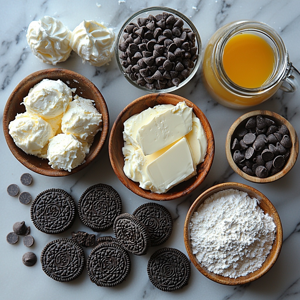 Oreo cookies broken and whole, crushed Oreo crumbs in a small bowl, melted golden butter in a glass measuring cup, soft cream cheese block on parchment paper, granulated sugar in a small white bowl, large brown eggs and egg yolk in a ceramic bowl, glass jar with vanilla extract, creamy sour cream in a rustic ceramic bowl, heavy whipping cream in a clear glass pitcher and small bowl, high-quality semi-sweet chocolate chips scattered and in a wooden spoon, melted butter in a small saucepan, powdered sugar dusted lightly in a small bowl, all ingredients carefully arranged on a clean white marble surface with natural soft daylight highlighting the rich textures and colors, subtle shadows adding depth, minimal props like a wooden spoon and a linen napkin for warmth, overhead shot, top down view, flat lay photography, professional food styling --ar 1:1 --q 2 --s 750 --v 6.1