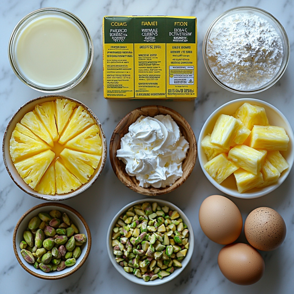A clean white marble surface with all main ingredients for Pineapple Pistachio Cake arranged neatly in a visually pleasing flat lay: a bright yellow box of yellow cake mix showing the label clearly, a green box of instant pistachio pudding mix with vibrant packaging, a small glass bowl of golden canola oil catching soft light, three large brown eggs placed side by side on a rustic white ceramic plate, a shiny metal can of crushed pineapple with juicy bits visible from the open top, a small glass measuring cup filled with creamy half and half milk, a matching glass container of thick white heavy cream, a container of Cool Whip with its soft, fluffy texture exposed on a spoon beside it, and a small white bowl of chopped pistachios adding a textured green pop of color. The ingredients are spaced evenly with slight shadows, natural daylight highlighting textures like the condensation on the milk, the powdery texture of the pudding mix box, and the smooth glaze of the eggs. Minimalistic styling with fresh green pistachios and a wooden spoon nearby for warmth, captured on a clean surface with a crisp, bright aesthetic. Overhead shot, top down view, flat lay photography, professional food styling --ar 1:1 --q 2 --s 750 --v 6.1
