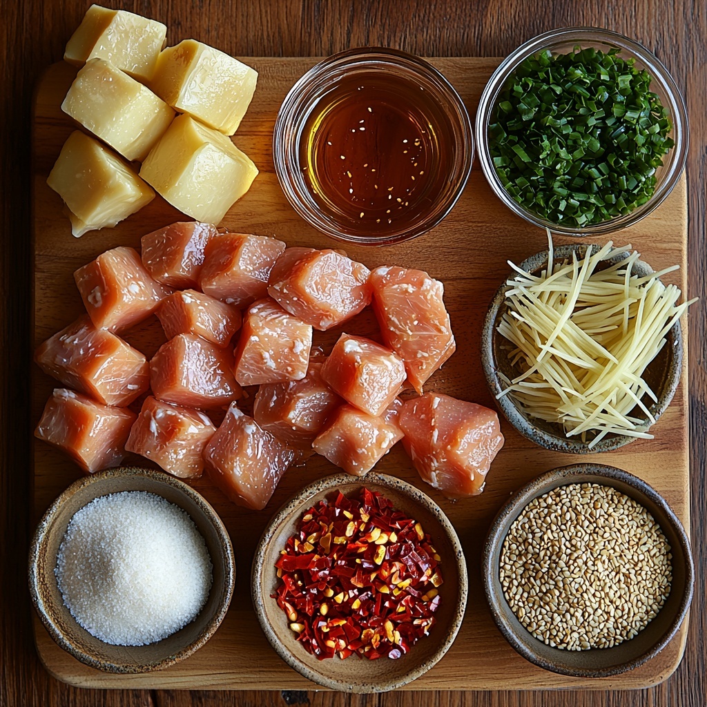 A clean, light wooden surface neatly arranged with the main ingredients for sticky garlic chicken noodles: raw bite-sized pieces of pale pink chicken breast and thighs in a small white bowl; a small glass bowl of dark, glossy soy sauce; a small dish of amber honey with a smooth, viscous texture; minced garlic cloves finely chopped on a wooden cutting board; a small heap of fresh, pale yellow grated ginger; a tiny pile of vibrant red chili flakes adding a pop of color; a small bowl of white cornstarch powder with soft, powdery texture; a clear glass container with golden vegetable oil shimmering; neatly coiled pale ivory rice noodles or light beige egg noodles on a round ceramic plate; freshly chopped bright green onions with crisp texture scattered loosely on the surface; and a small ceramic bowl of shiny white sesame seeds. The ingredients are spaced evenly with subtle shadows, showcasing a harmonious contrast of colors and textures—smooth, powdery, glossy, and fresh—styled with minimal rustic props and natural soft daylight for a fresh, inviting presentation. Overhead shot, top down view, flat lay photography, professional food styling --ar 1:1 --q 2 --s 750 --v 6.1