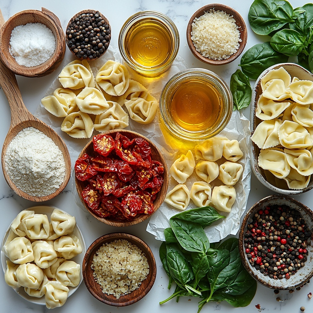 olive oil in a small glass jar, minced garlic cloves arranged neatly on a wooden spoon, a heap of all-purpose flour dusted gently on a clean white ceramic plate, Italian seasoning in a small rustic bowl, vibrant julienned sun-dried tomatoes glistening with oil placed on a white dish, a clear glass measuring cup filled with golden chicken broth, a small pile of coarse salt crystals next to whole black peppercorns in a tiny bowl, a package of plump cheese tortellini spilling slightly from an open brown paper bag, a small pitcher of creamy heavy whipping cream with soft highlights, a mound of freshly grated Parmesan cheese on parchment paper, bright green fresh spinach leaves scattered casually, a delicate pinch of crushed red pepper flakes in a tiny spoon, and fresh chopped parsley and basil leaves arranged artfully on a white marble surface — all colors vibrant and textures highlighted with natural soft light, slight shadows for depth, styled with neutral linen napkin and wooden utensils nearby for warmth, clean and minimalistic background emphasizing freshness and rustic charm — overhead shot, top down view, flat lay photography, professional food styling --ar 1:1 --q 2 --s 750 --v 6.1