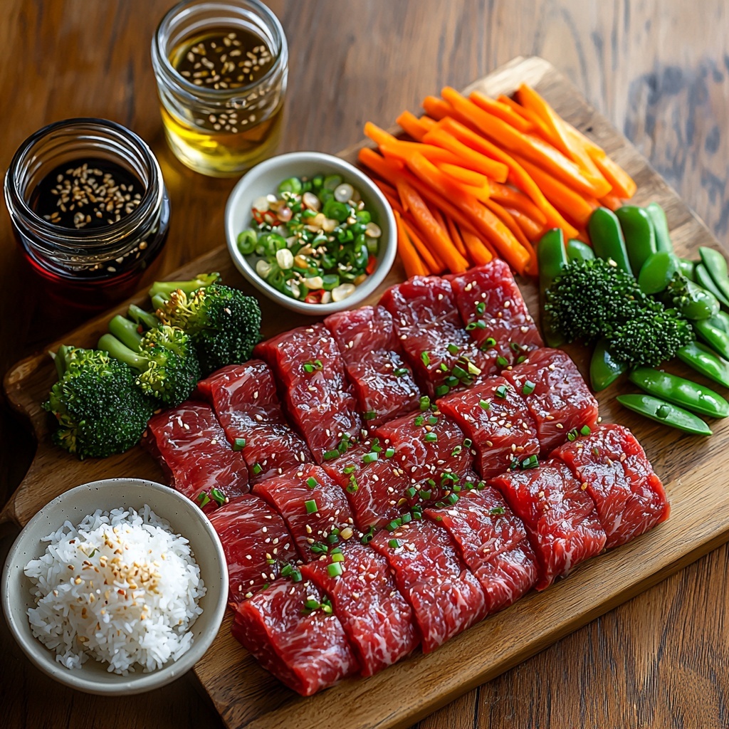 Thinly sliced raw beef (flank steak, sirloin, or ribeye) arranged neatly on a small wooden board, glossy and marbled with rich red tones; a small bowl of dark soy sauce next to a smaller dish of thick, reddish-brown hoisin sauce; a glass container with golden sesame oil beside a jar of amber honey; two peeled garlic cloves and a small pile of finely grated fresh ginger on a white ceramic plate; a bottle of vegetable oil with a few drops glistening on the rim; vibrant, thinly sliced red bell pepper strips laid out like fans; fresh green broccoli florets clustered together showing their textured crowns; bright orange julienned carrot sticks grouped neatly; crisp green snap peas with trimmed ends aligned; a handful of chopped green onions sprinkled around for freshness; a small bowl of white sesame seeds as optional garnish; and a bowl of fluffy white steamed rice with distinct grains for serving. All ingredients arranged artfully on a clean, light wooden surface with soft natural lighting highlighting vivid colors, contrasting textures like glossy sauces, crisp vegetables, and tender meat, styled with minimal props to keep focus on freshness and variety, generating an inviting and colorful flat lay composition. Overhead shot, top down view, flat lay photography, professional food styling --ar 1:1 --q 2 --s 750 --v 6.1